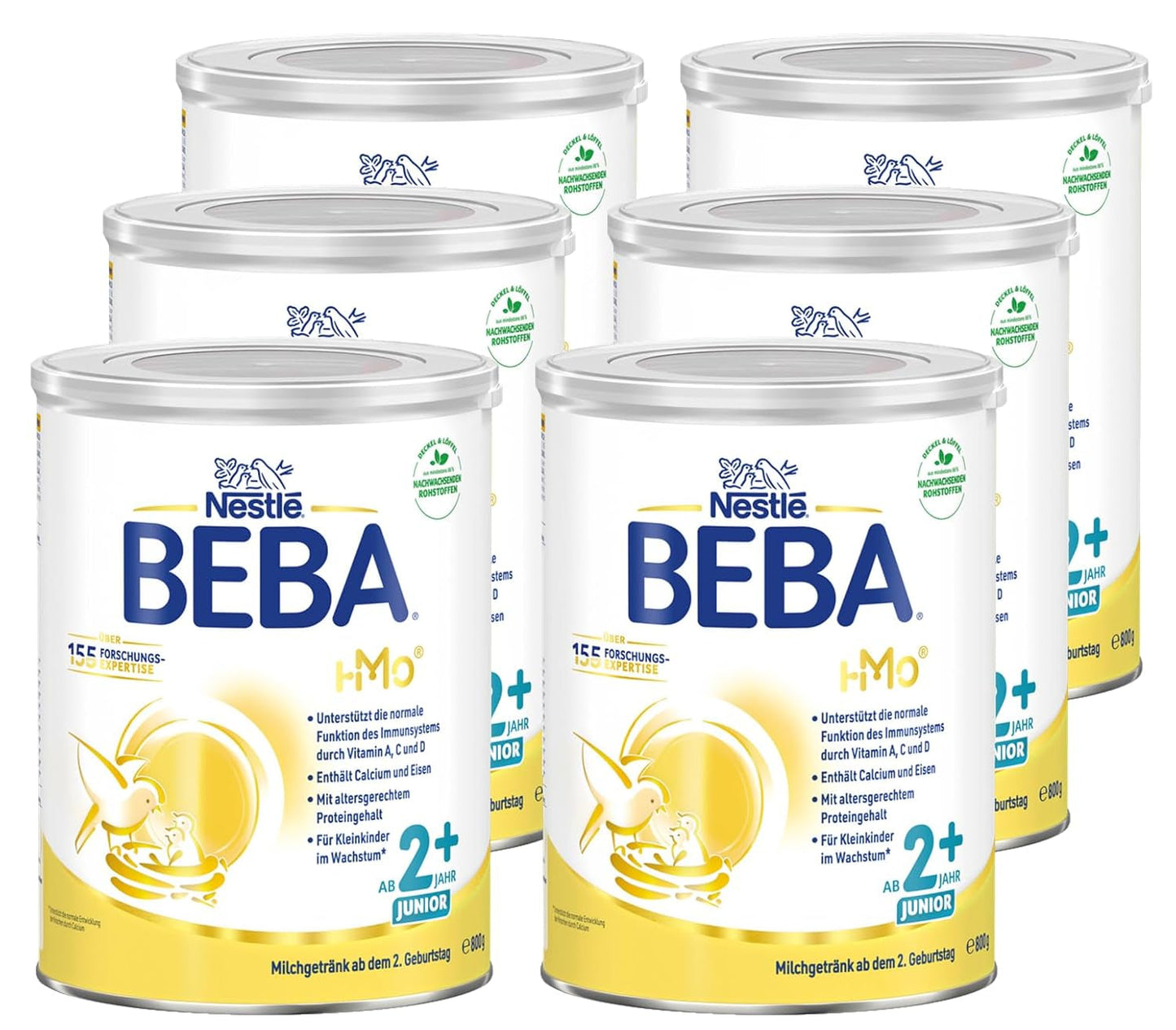 BEBA Junior 2+ melkdrank vanaf 2 jaar, Met HMO, Aan de leeftijd aangepast eiwitgehalte, Alleen lactose, Geen palmolie, Geen visolie, Peutervoeding, Babymelkpoeder, Verpakking van 6 (6 x 800 g)