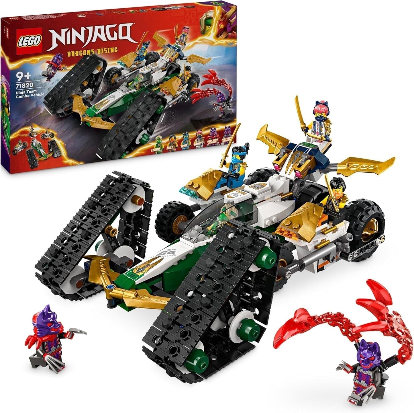 LEGO NINJAGO Ninja Team Combi Caterpillar 4 in 1 set met zweefvliegtuig, racewagen en 2 motorfietsen en 6 minifiguren Cadeau voor jongens en meisjes Ninja speelgoed 71820 Bouwsets Bekijk de LEGO-Store standaardtitel