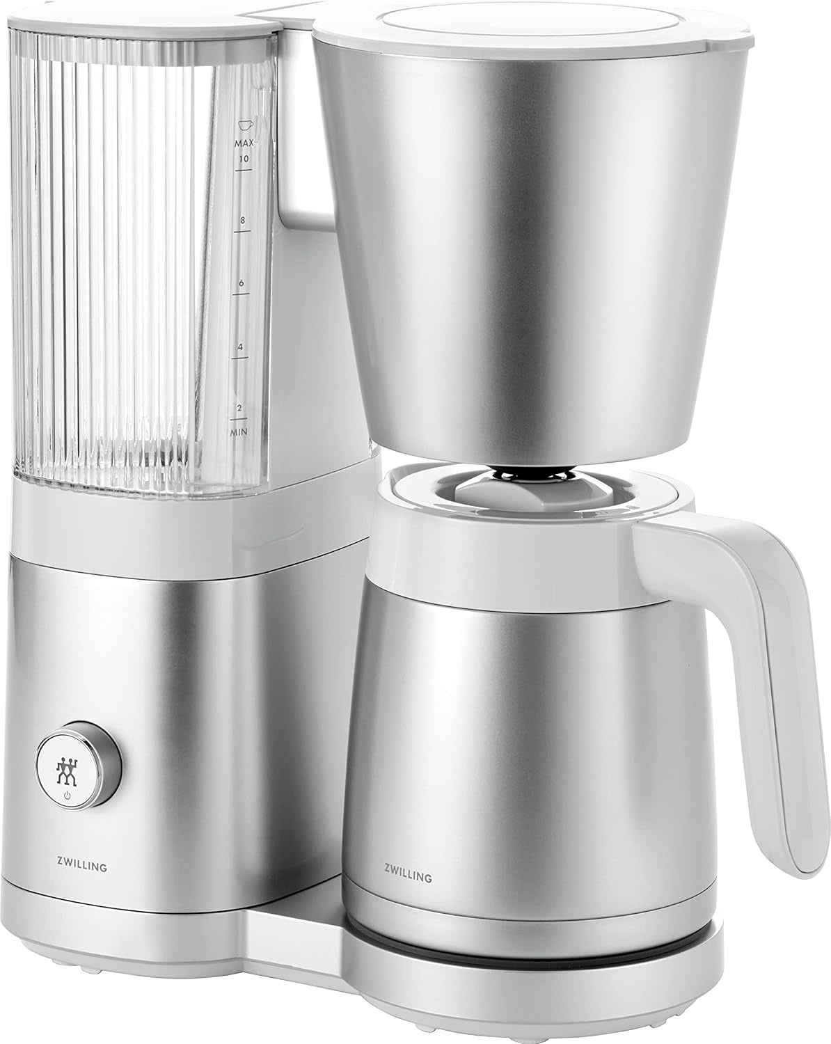 ZWILLING ENFINIGY Filter-espressomachine met glazen karaf van 1,5 liter, espressomachine met roestvrijstalen boiler, bloeifunctie en slimme ontkalking, kunststof, zilver