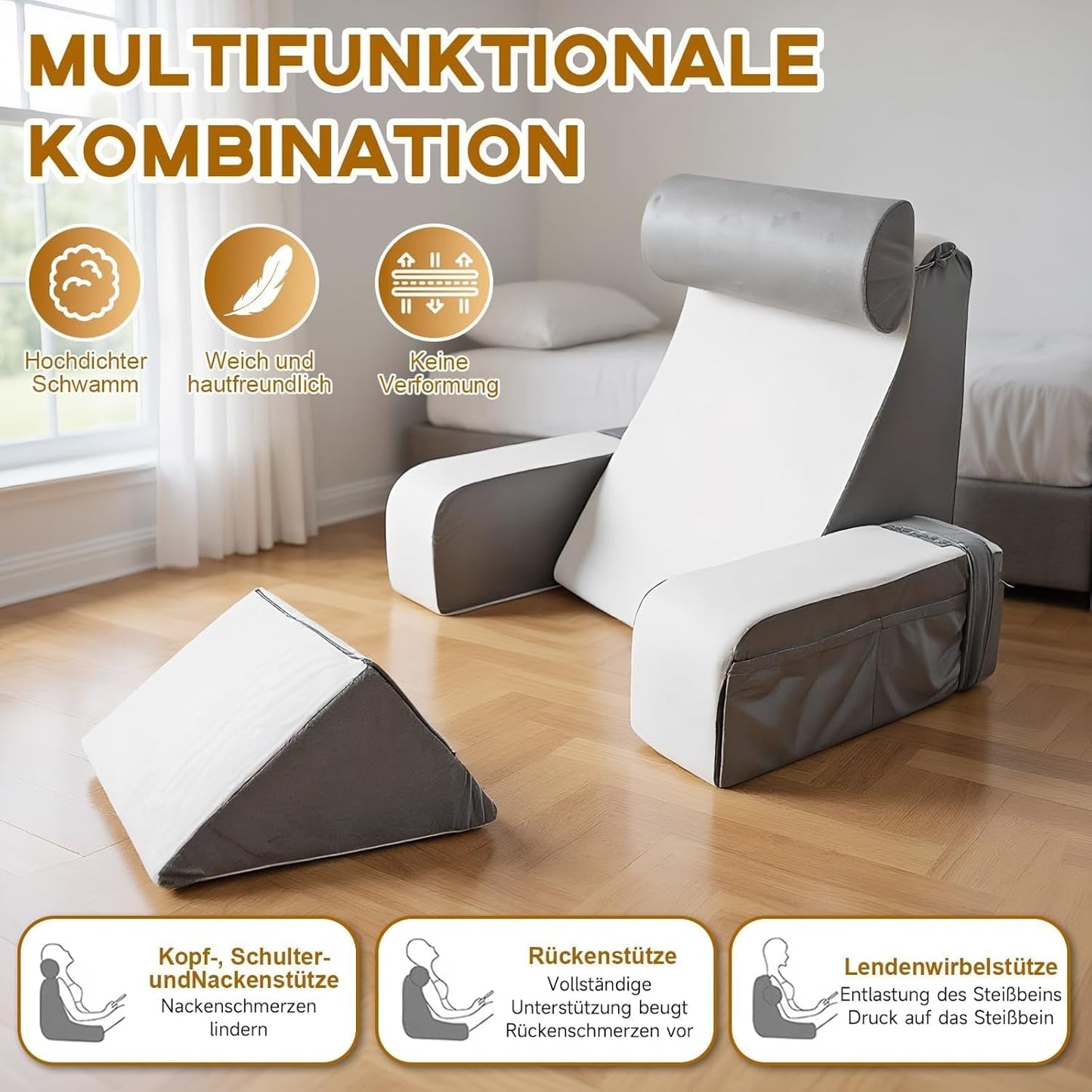 Leeskussen met afneembare neksteun en armleuning, comfortabel en lichtgewicht rugkussen voor bed en bank, rugkussen voor volwassenen, rugleuning van traagschuim voor lezen, tv kijken en videogames