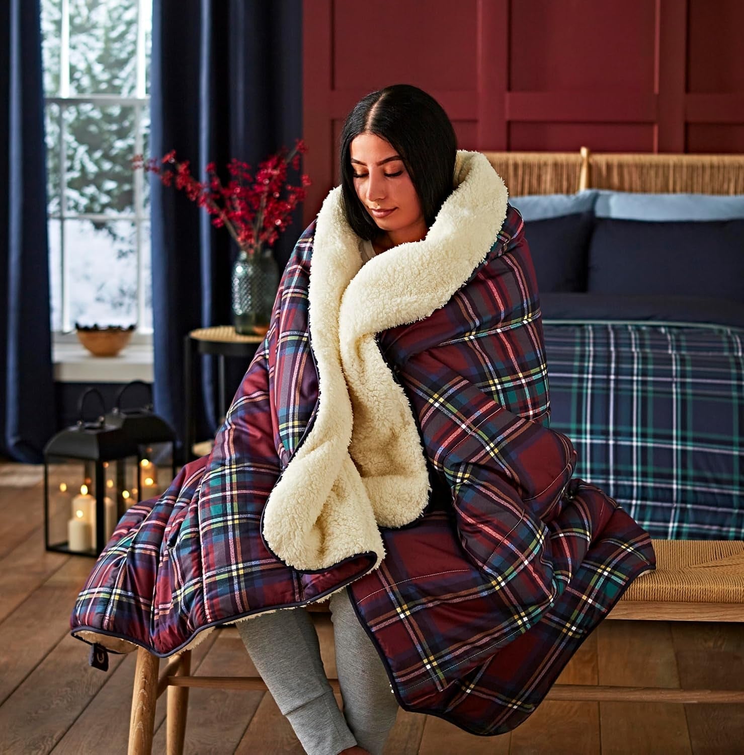 Night Lark Cozy Sherpa Fleece deken, klassieke rode tartan, 9 Tog, luxueus, pluizig, dik en omkeerbaar, perfect voor bank, bed, bank, bank. Hypoallergeen, wasbaar in de machine. Afmetingen: bedden en dekbedden Night Lark klassieke rode tartan Eenpersoonsbed