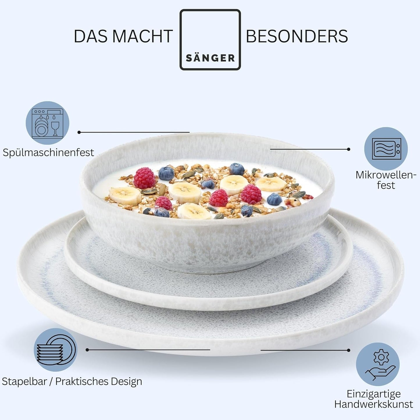 ZANGER | 12-delige Santorini Serviesset 4-persoons Bordenset ZEER GOED Beoordeeld Steengoed Serviesset Inclusief Dinerborden, Dessertborden en Suma Borden Crème Lila Blauw Gradiënt | DE PREMIUM COLLECTIE
