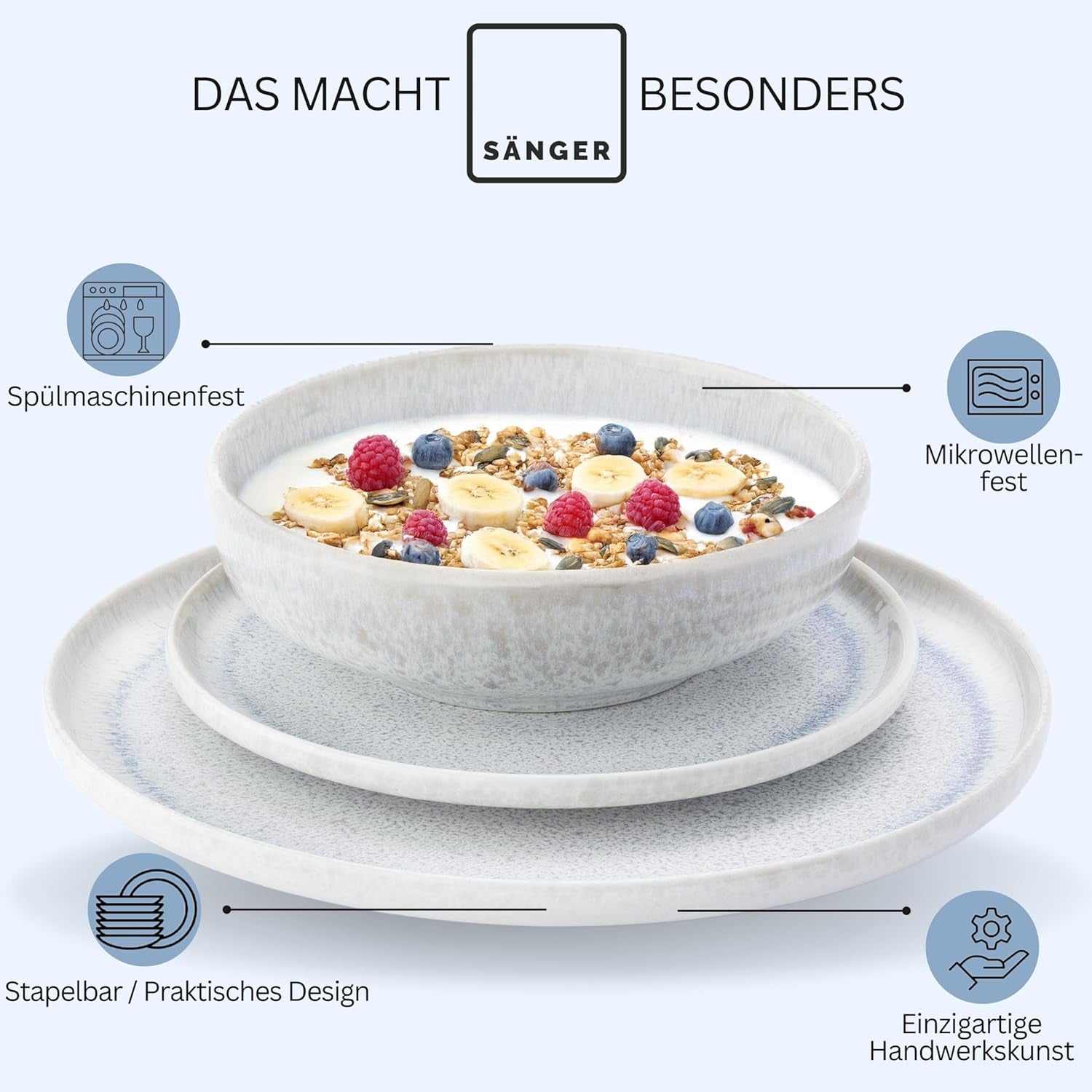 ZANGER | 12-delige Santorini Serviesset 4-persoons Bordenset ZEER GOED Beoordeeld Steengoed Serviesset Inclusief Dinerborden, Dessertborden en Suma Borden Crème Lila Blauw Gradiënt | DE PREMIUM COLLECTIE