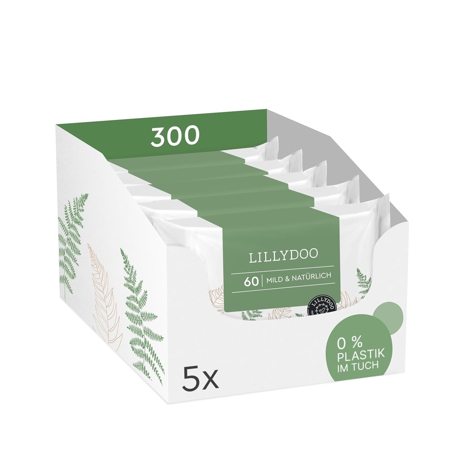 LILLYDOO Groene vochtige doekjes, 600 stuks (10 x 60), 100% plasticvrij, scheurbestendig doekje - geurvrij, zacht en natuurlijk, zachte reiniging voor de gevoelige huid, dermatologisch getest