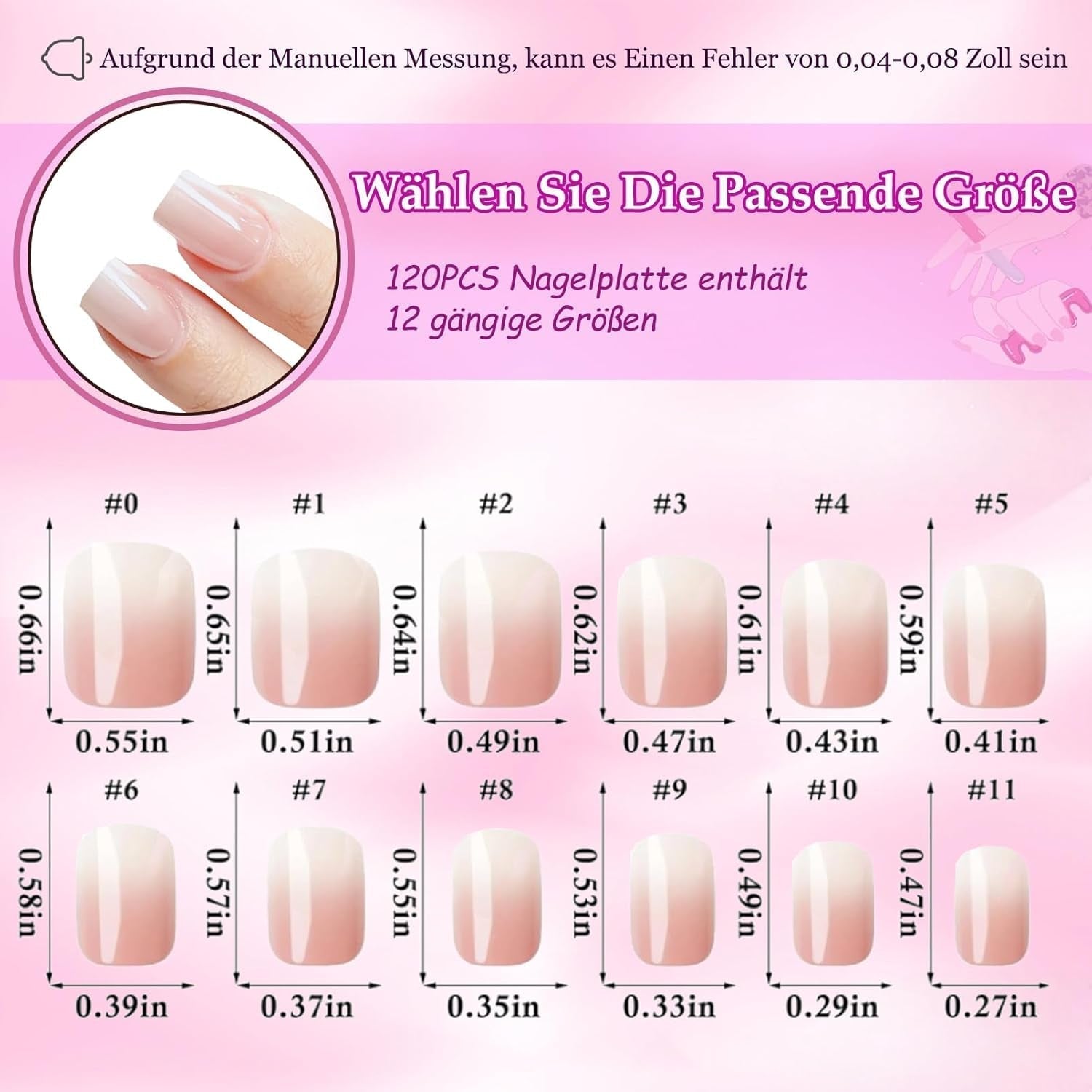 120 stuks naaktroze nepnagels met nagellijm - 12 maten korte ovale vierkante pers op nagels - mooie nagels, lijm op kunstnagels - geschikt voor dames doe-het-zelf nagelontwerp (squaval roze verloop)