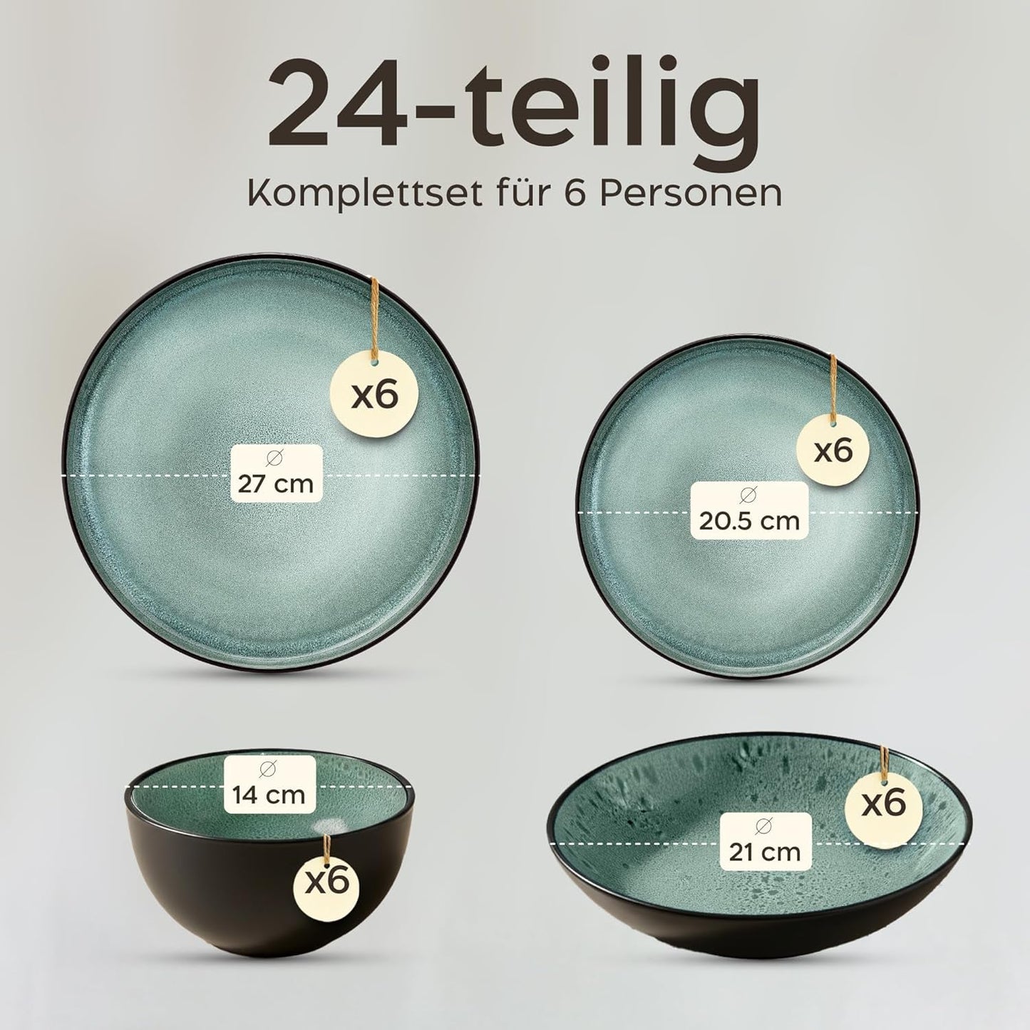 Twinzee 24-delige aardewerk serviesset voor 6 personen - kom en bordenset - magnetronbestendig steengoed - Riviera-collectie