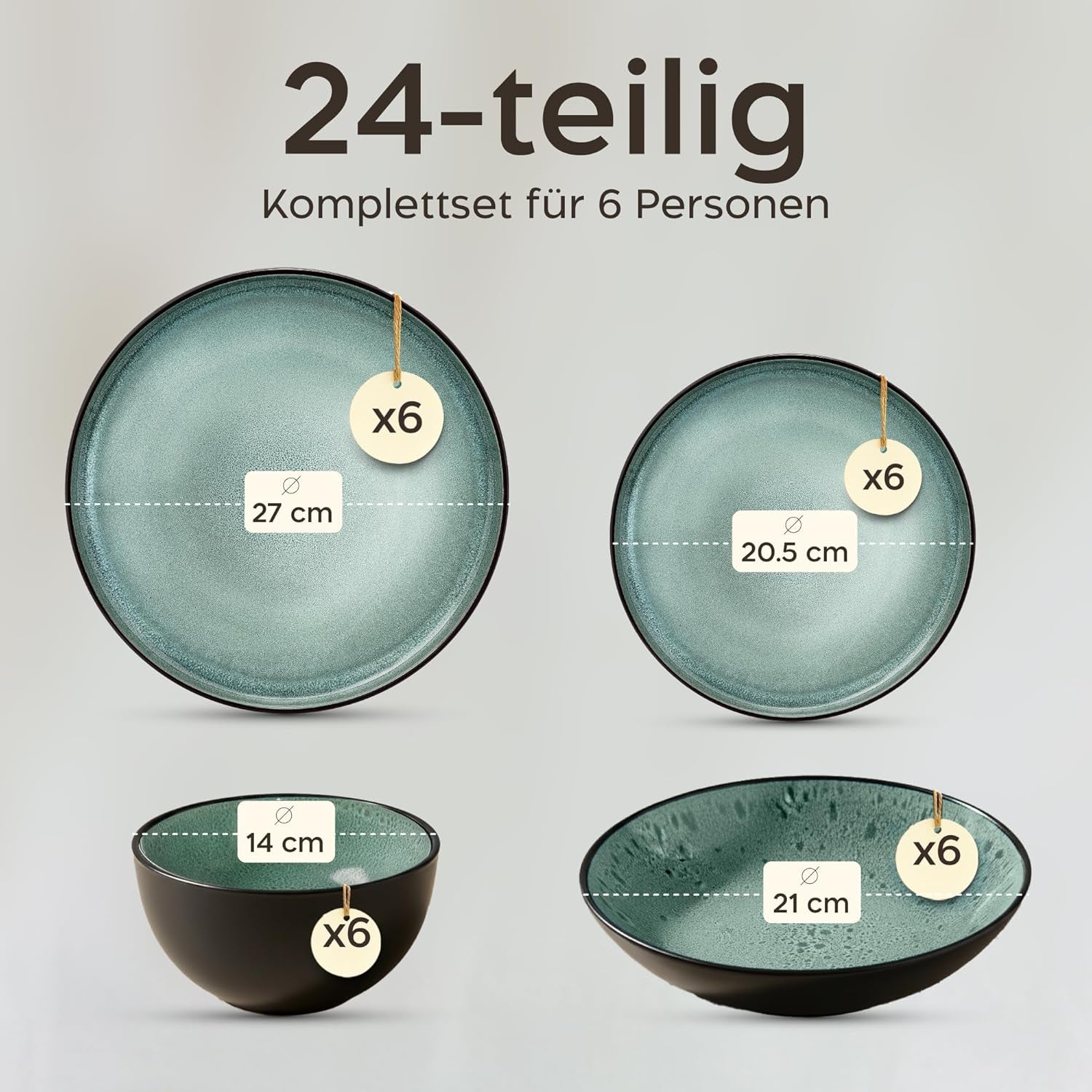 Twinzee 24-delige aardewerk serviesset voor 6 personen - kom en bordenset - magnetronbestendig steengoed - Riviera-collectie