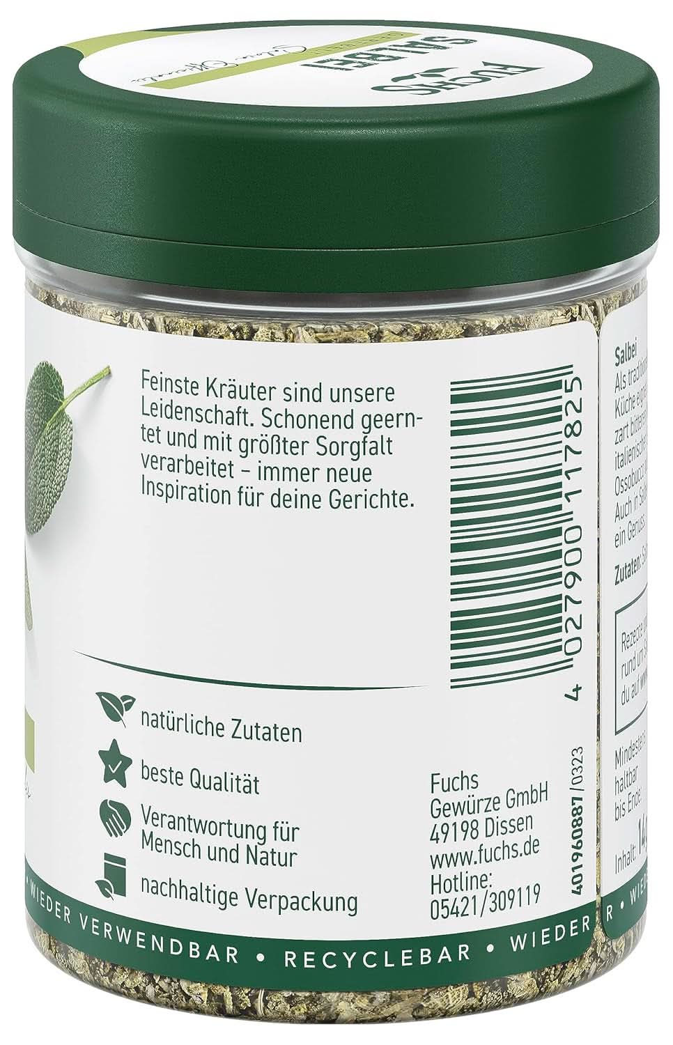 Fuchs, Salie, Zure noot, delicaat bitter voor Ravioli of Gnocchi, 14 gram Specerijen Naty Shop