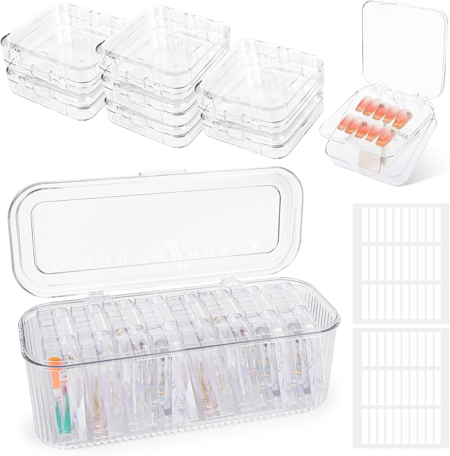 INMORVEN nagelopbergdoosset - 14 transparante nageldozen + 1 grote doos en 60 zelfklevende schijven - Ideaal voor het opbergen van kunstnagels, gelnagelaccessoires en nagellak (14 stuks in één laag)