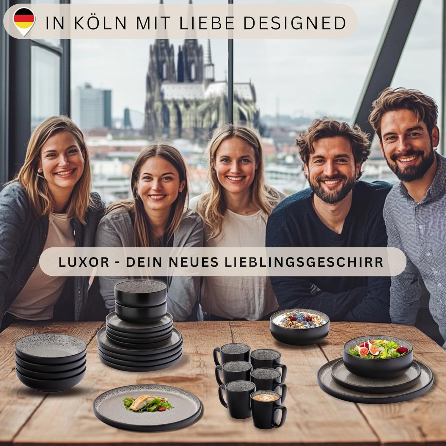 SÄNGER Luxor | Serviesset van steengoed, 18-delig, bordenset voor 6 personen, serviesset (6 dinerborden, 6 mueslischalen, 6 dessertborden), krasbestendig bruin-beige serviesgoed | DE WAARDE-COLLECTIE