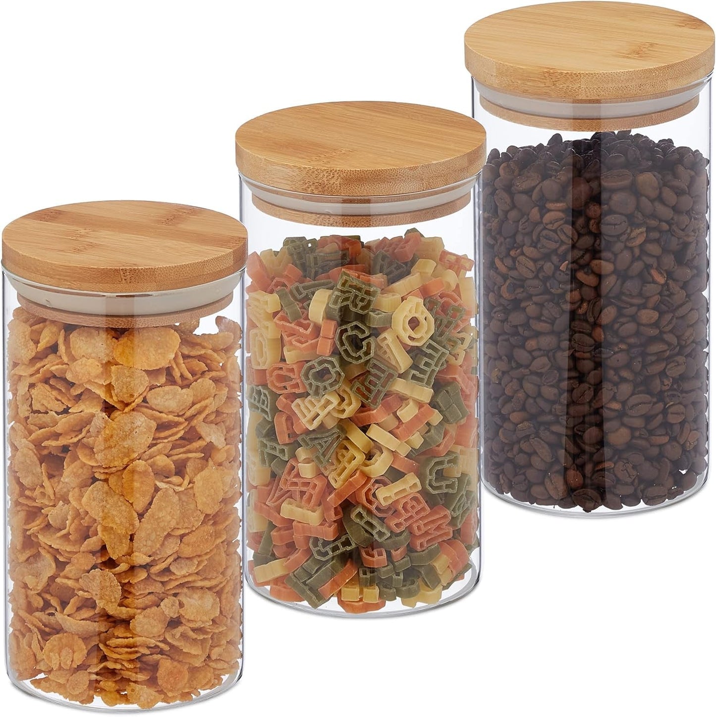 Relaxdays Voorraadpotten met Bamboe Deksels Set van 3 Ronde Glazen Potten 1000ml Lekvrij Helder/Natuurlijk 18x10cm Voedselbewaardozen Naty Shop Transparant/Natuurlijk 1000Ml