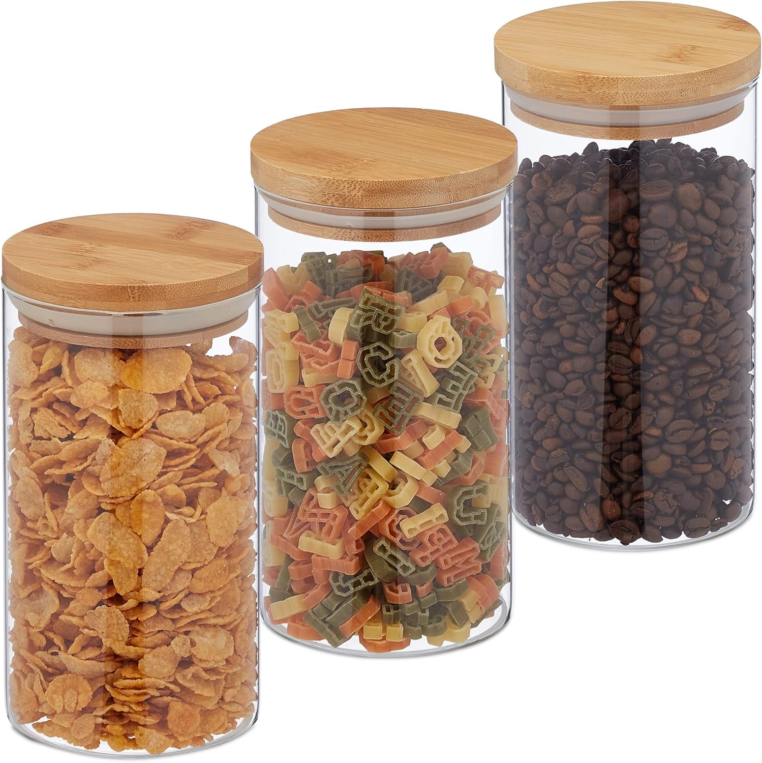 Relaxdays Voorraadpotten met Bamboe Deksels Set van 3 Ronde Glazen Potten 1000ml Lekvrij Helder/Natuurlijk 18x10cm Voedselbewaardozen Naty Shop Transparant/Natuurlijk 1000Ml