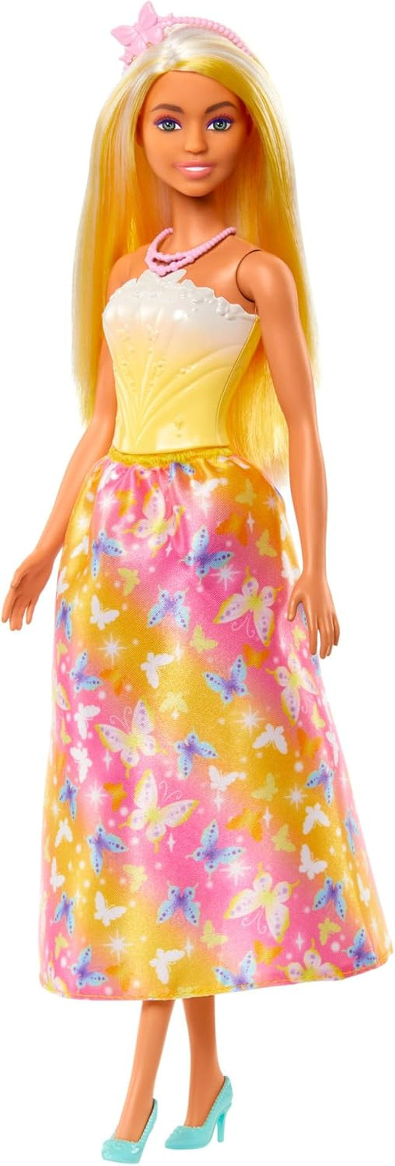 Koninklijke Barbie-pop met mooi haar met kleurrijke strengen, kleurrijke accessoires, gele top en vlinderrok, HRR09 Naty Shop-poppen