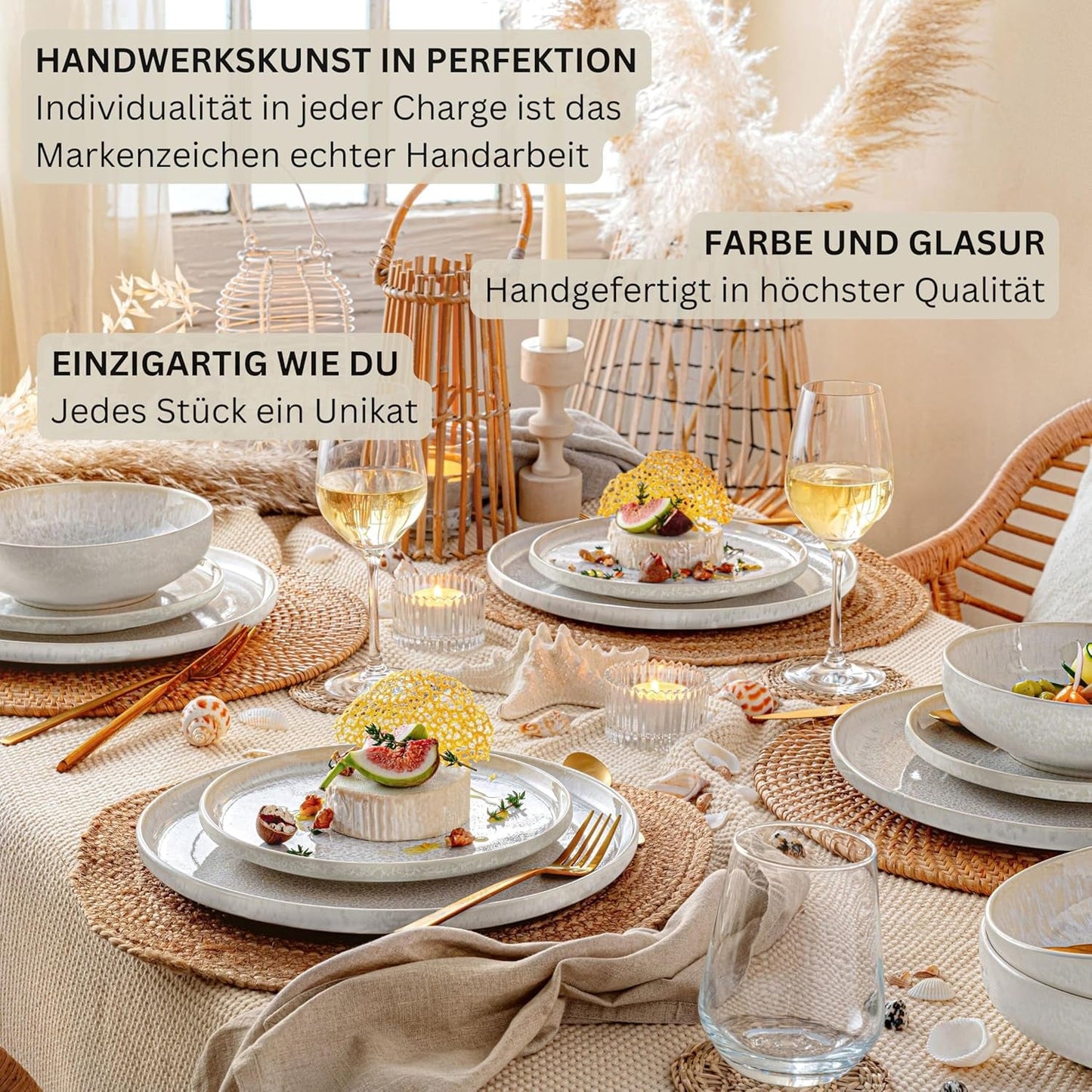 ZANGER | 24-delige Corfu Serviesset Servies voor 8 personen Handgemaakte keramische serviesset inclusief dinerborden, dessertborden en Suma-borden Crèmekleurig servies met zandtextuur