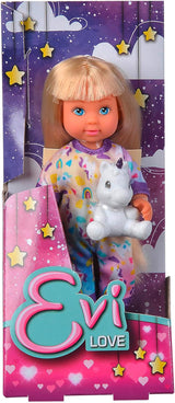 Simba Evi Love pyjama, 3 verschillende kleuren, slechts één item verzonden, pop in schattige pyjama met eenhoorn knuffel, speelpop 12 cm, vanaf 3 jaar