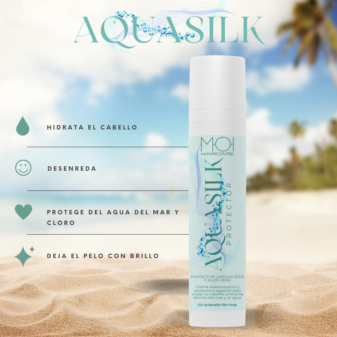 AQUA SILK Haarcrème voor de zomer, beschermt het haar tegen de zee en chloor, zijde en aloë vera, M-O-I haarverzorging | 100 ml Naty Shop haarmasker