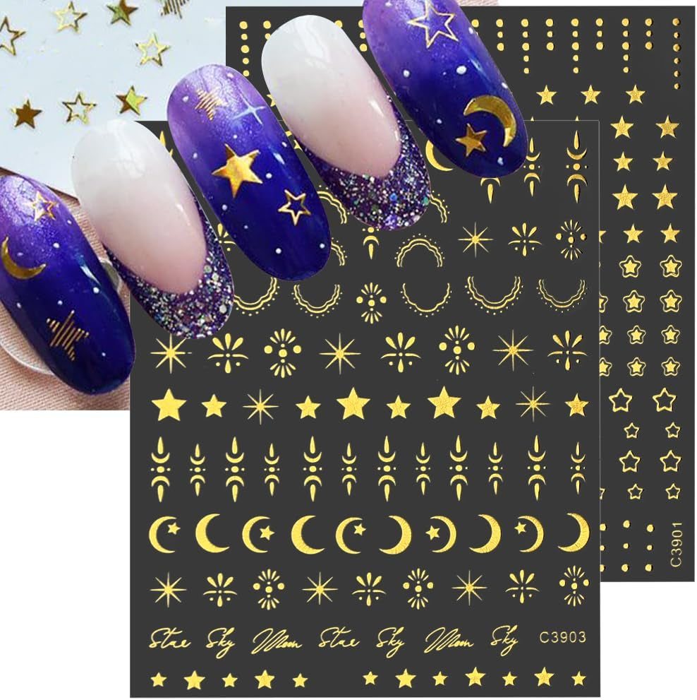 8 vellen gouden maan en sterren nagelkunststickers engelenvleugels bruin gouden nagelstickers sterren nagelfolie zelfklevende nagelstickers nagelontwerpaccessoires nagelstickers