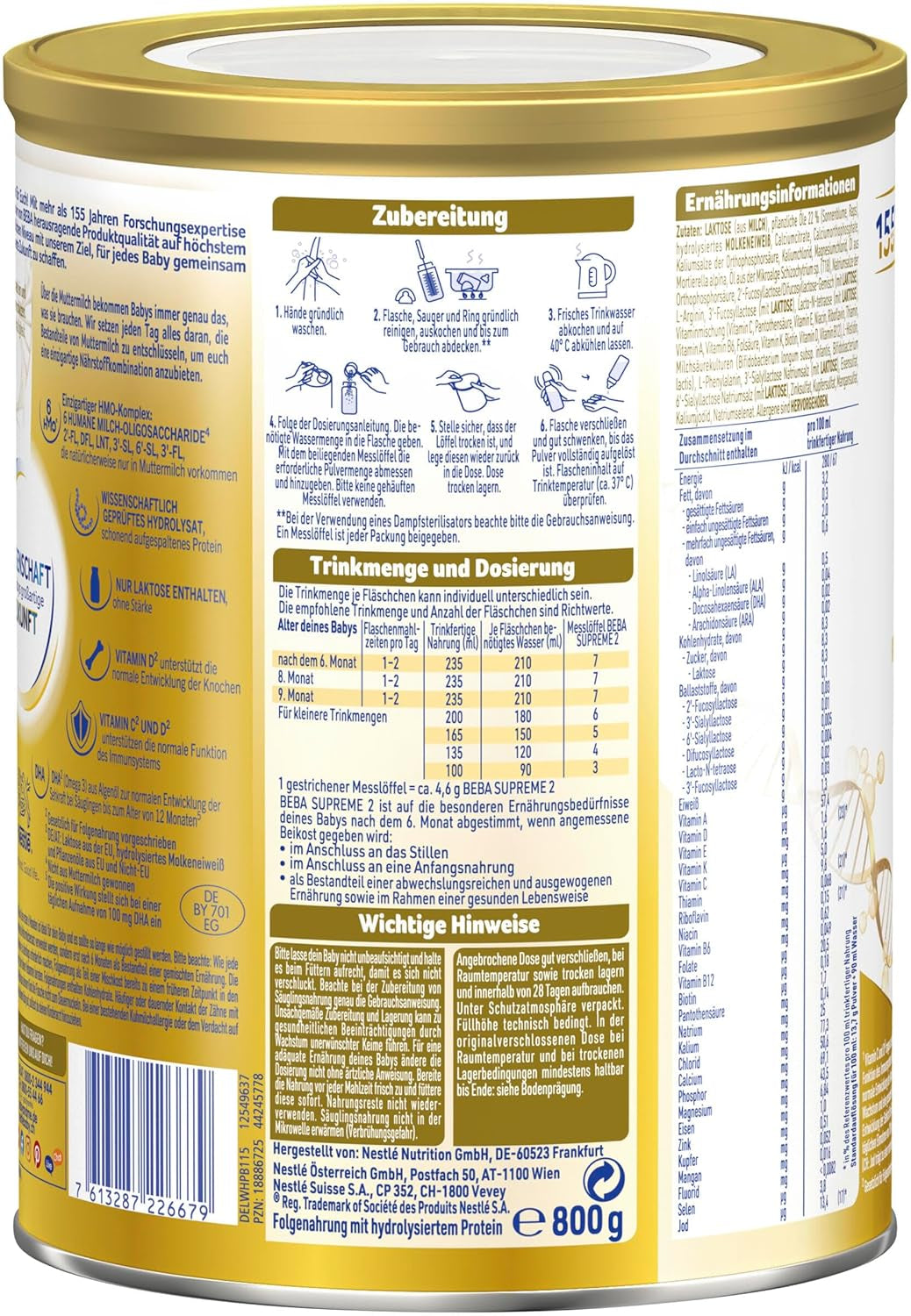 BEBA SUPREME 2 Opvolgmelk na 6 maanden, alleen lactose, palmolievrij, verpakking van 6 (6 x 800g) Naty Shop