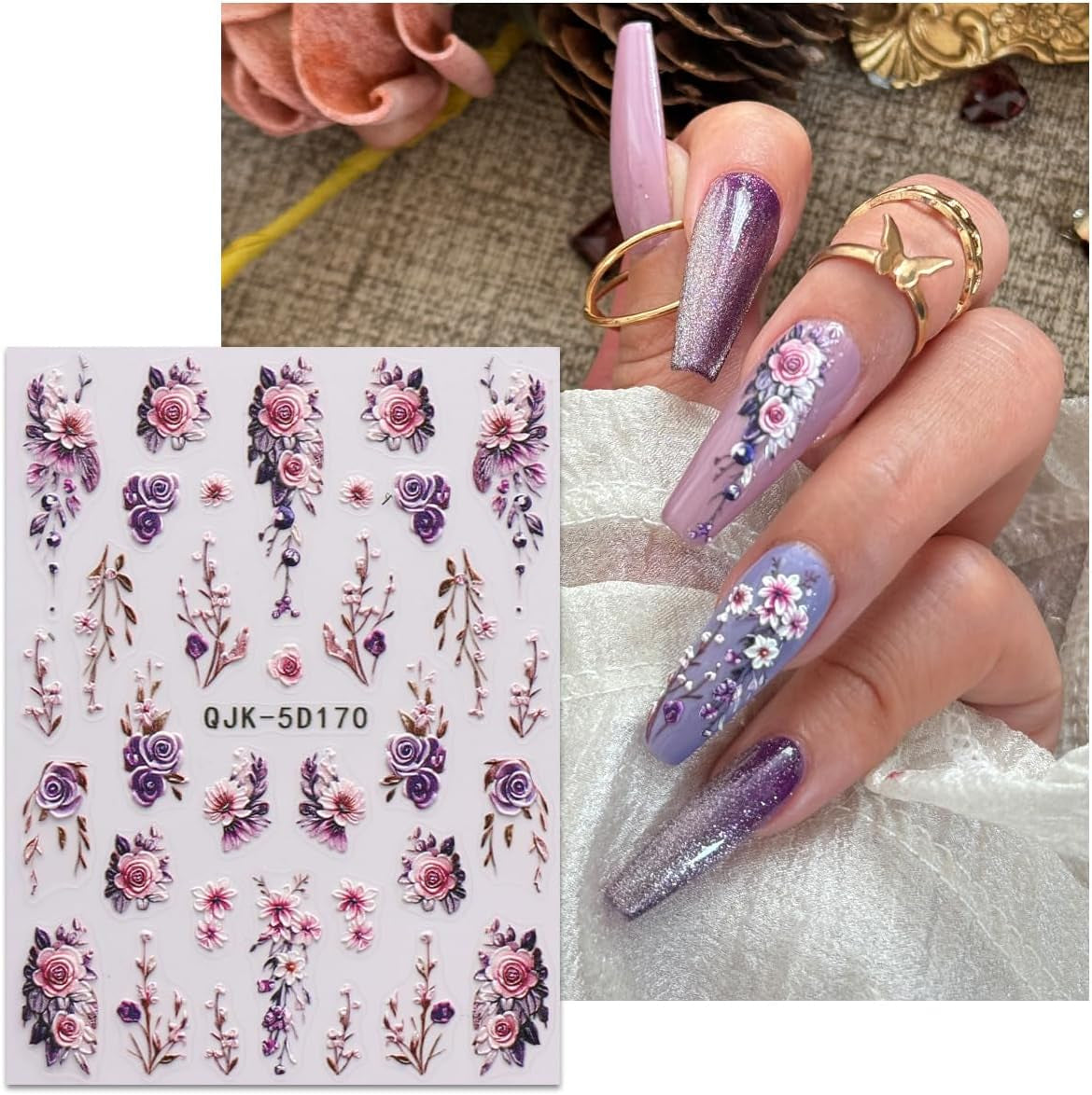 JMEOWIO 3D Nagelsticker Blumen Nail Art Sticker Selbstklebend Nagelaufkleber 5D Stereoskopisch Frühling Zomer Decoratie Nageldesign Zubehör 4 Blatt