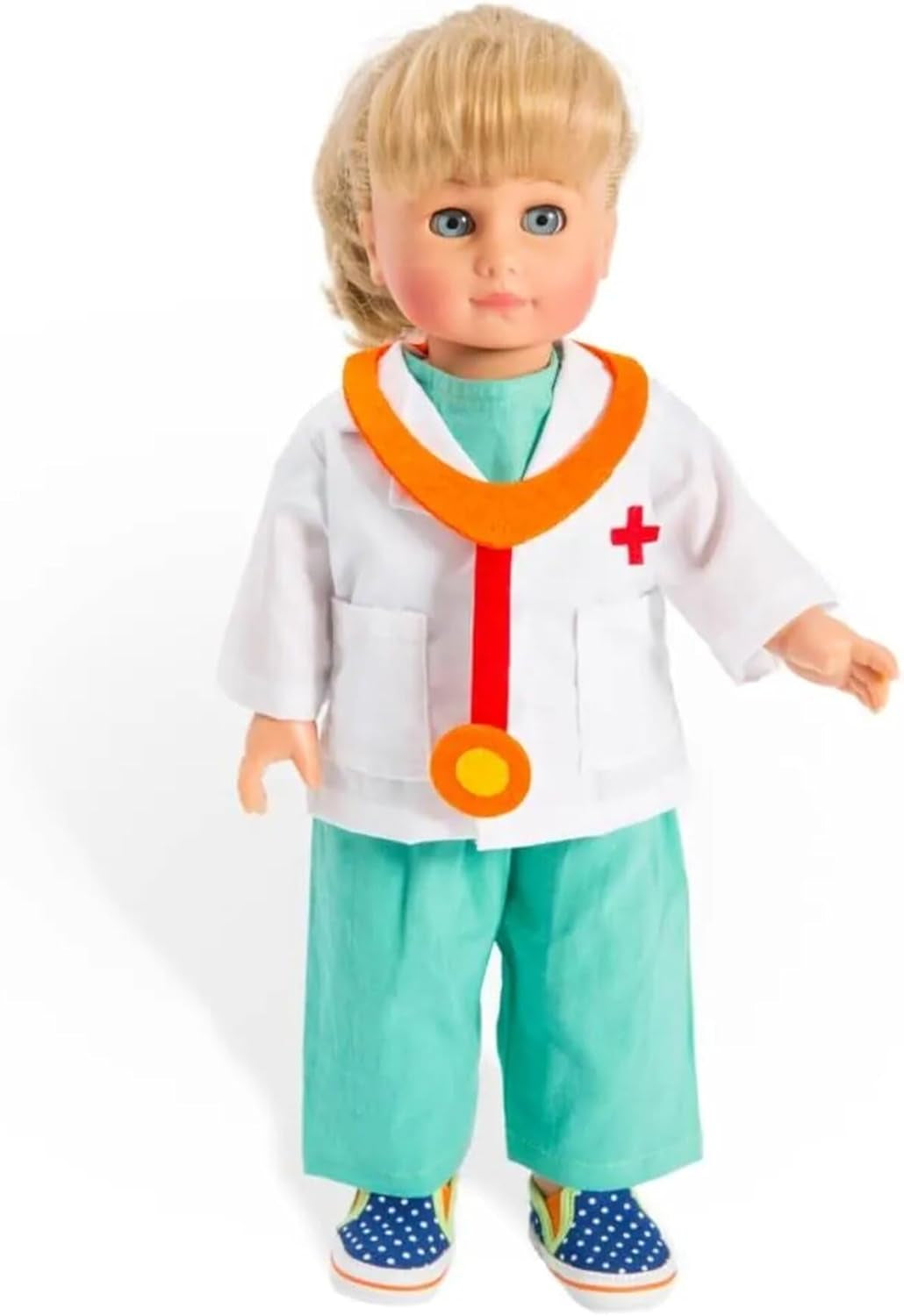 Heless 1653 - Poppenkledingset, 4-delig dokterspak met broek, shirt, doktersjas en stethoscoop, maat 28 - 35 cm