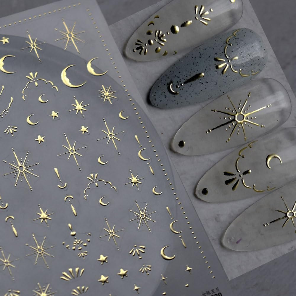 gouden ster en maan nagelstickervellen, engelenvleugels, bruine gouden nagelstickers, sterren, nagelfolie, nagelstickers, nageldesignaccessoires, nagelstickers