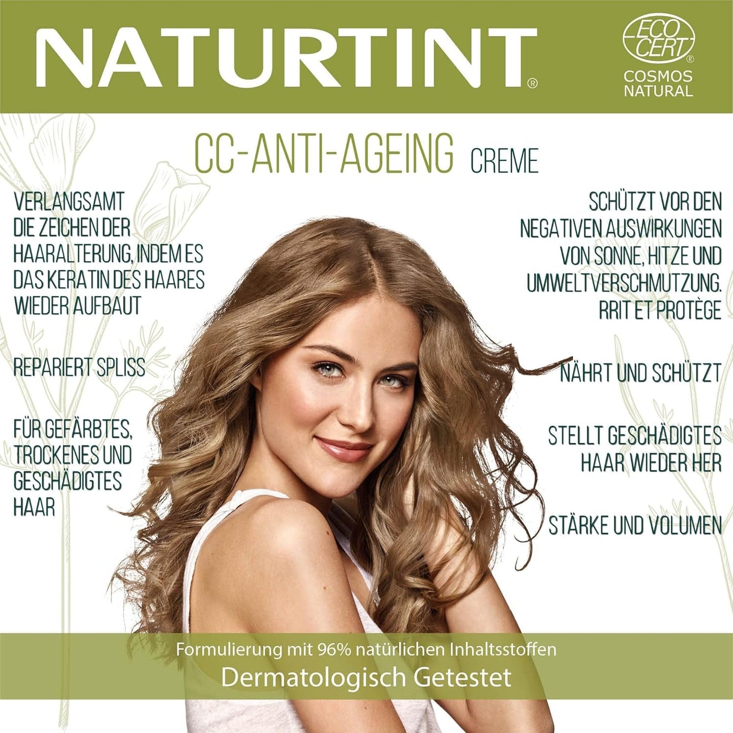 Natuurlijke tint CC-crème. Geen uitspoelbaar haarmasker. Voor droog en beschadigd haar. Herstelt en hydrateert. 96% natuurlijke ingrediënten. 200ml Naty Shop haarmasker