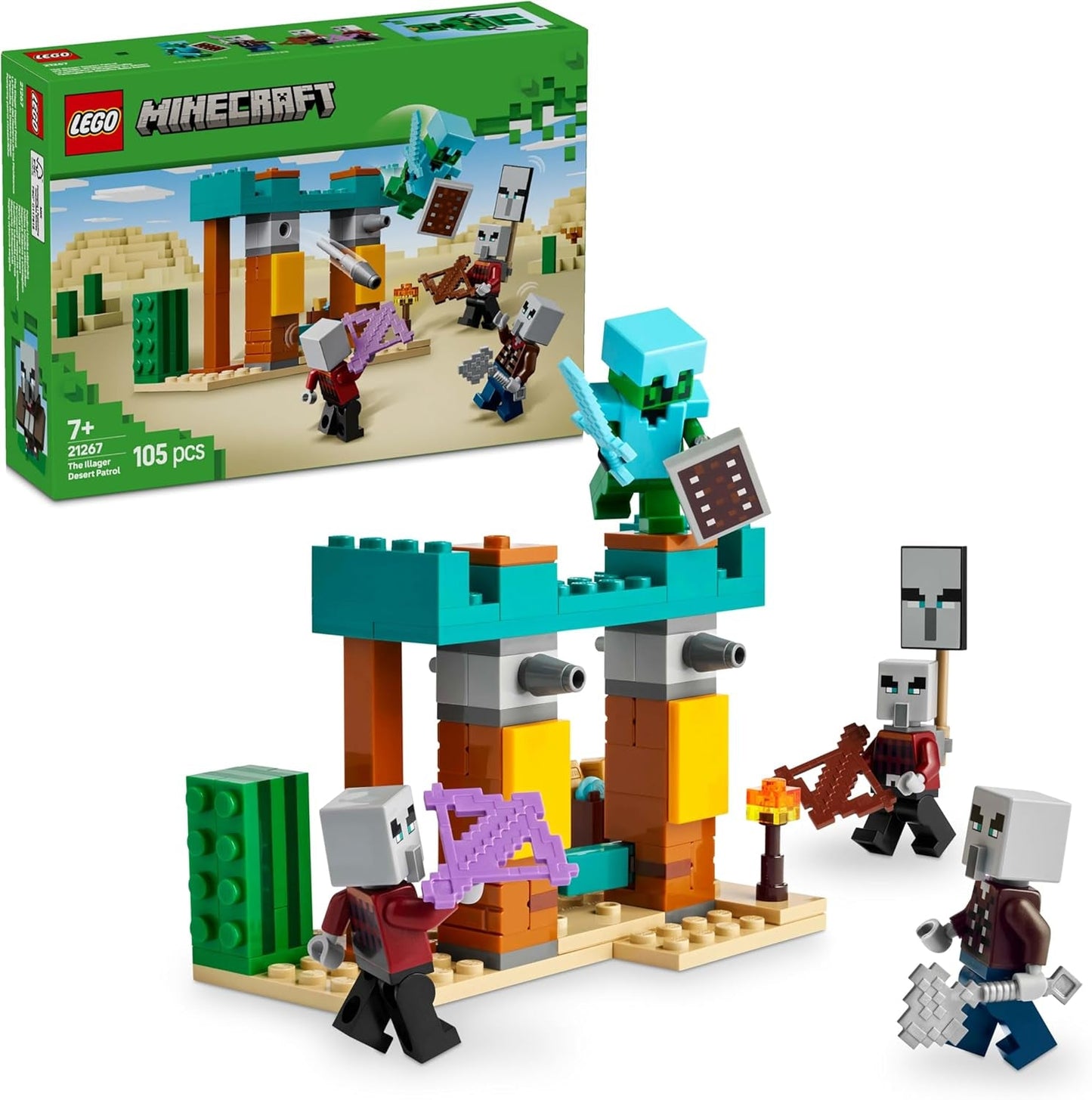 LEGO Minecraft The Illager Desert Patrol videogameset voor kinderen, buitenpost minispeelgoed en drie minifiguren, waaronder Plunderer, Dienaar en Cactus Knight 21267 Bouwsets