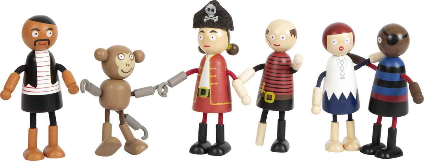 Small Foot flexibele houten piratenpoppen, 5 piraten en 1 aap, gedetailleerd en flexibel, vanaf 3 jaar, 12412