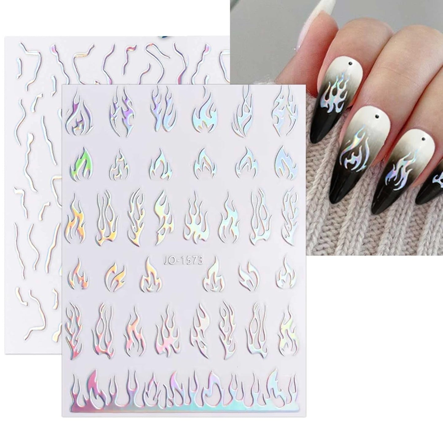 JMEOWIO Nagelsticker Aurora Holografisch 9 Blatt Nagelaufkleber Selbstklebend Herz-Flamme Spielt Schmetterlings-Mond Die Hauptrolle Nail Art Sticker Decoratie Nageldesign Zubehör