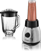 Russell Hobbs Standmixer 2-In-1 [1,5L Glasbehälter Mixer & 0,6L Mini Smoothie Maker -To-Go-Trinkflasche Inkl. Deckel] Spülmaschinenfest, Impuls-/Ice-Crush-functie, Becher BPA Frei, Edelstahl 23821-56 Keuken Naty Shop