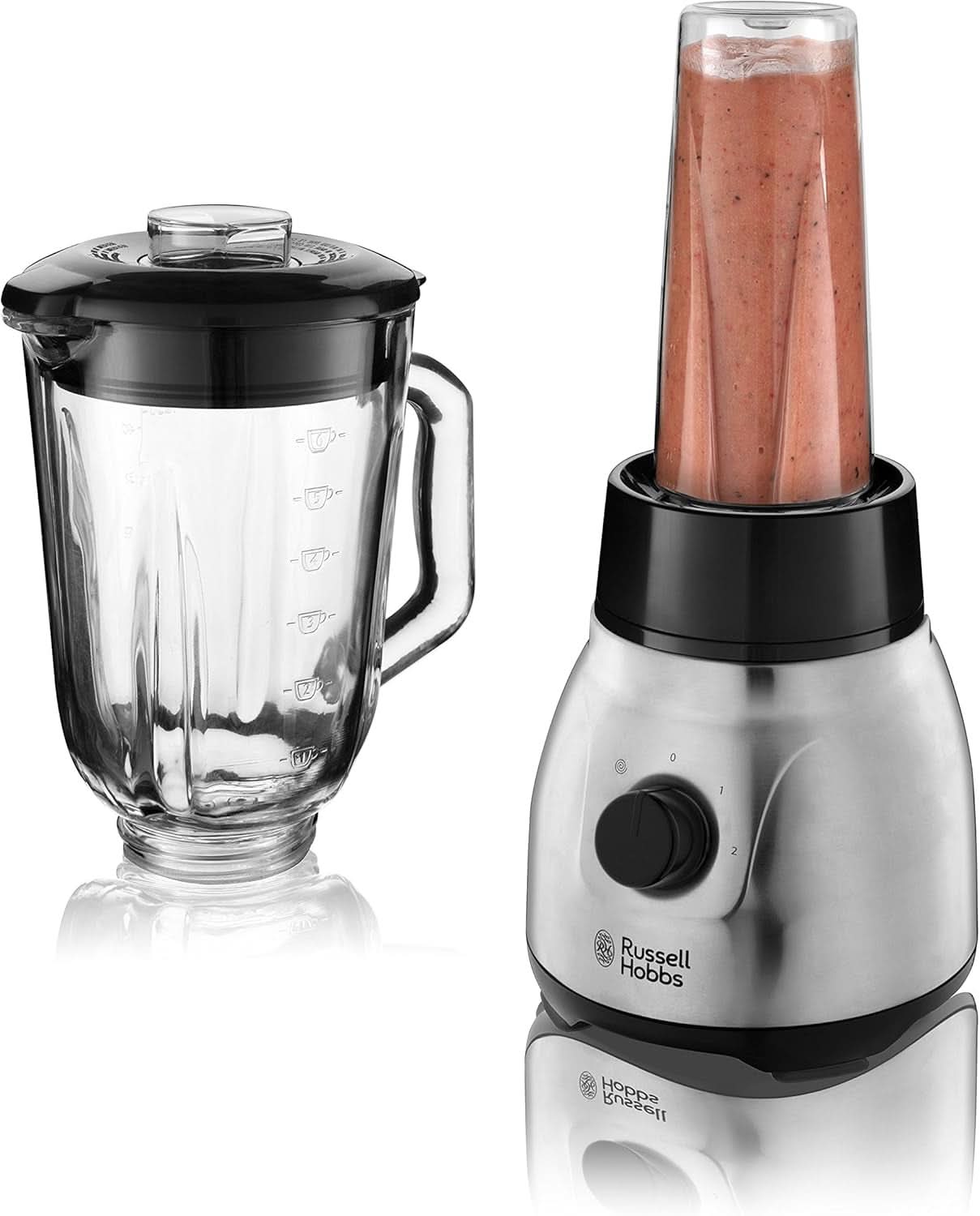 Russell Hobbs Standmixer 2-In-1 [1,5L Glasbehälter Mixer & 0,6L Mini Smoothie Maker -To-Go-Trinkflasche Inkl. Deckel] Spülmaschinenfest, Impuls-/Ice-Crush-functie, Becher BPA Frei, Edelstahl 23821-56 Keuken Naty Shop
