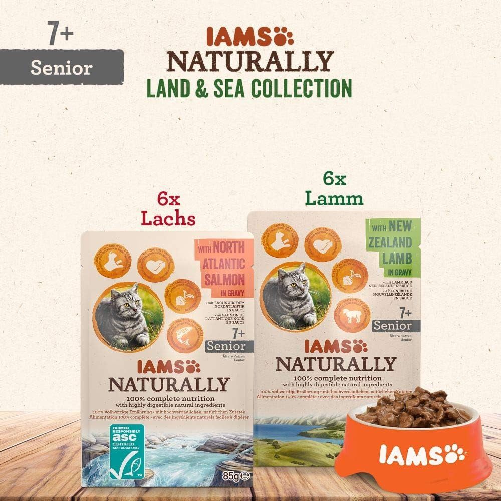 IAMS Naturally Senior Natvoer in saus - Hoogwaardig vlees- en visnatvoer voor oudere katten, Land & Sea Collection, 12 x 85 g
