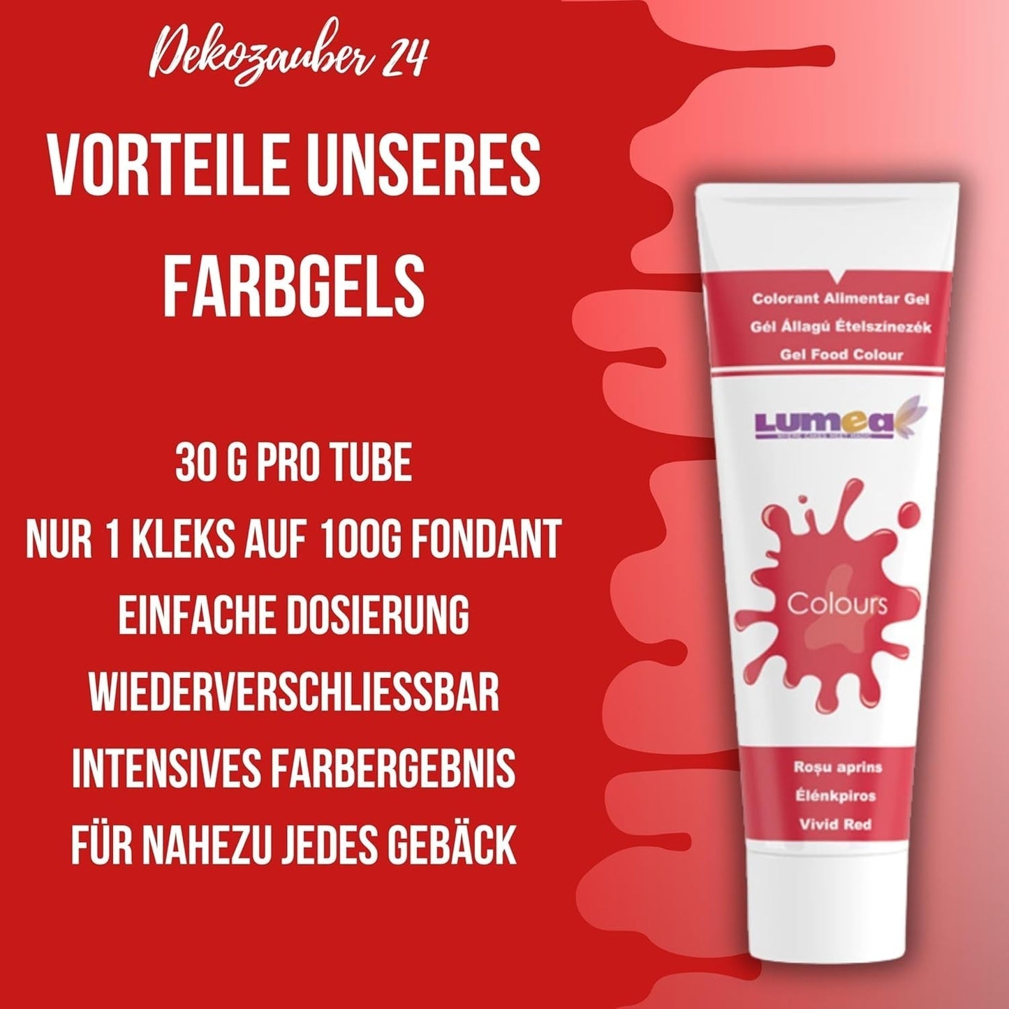 Dekozauber 24 rode kleurstof, gel, 30 g, veganistisch, suikervrij, hooggeconcentreerd, rode kleurstof voor fondant, botercrème, drankjes en meer