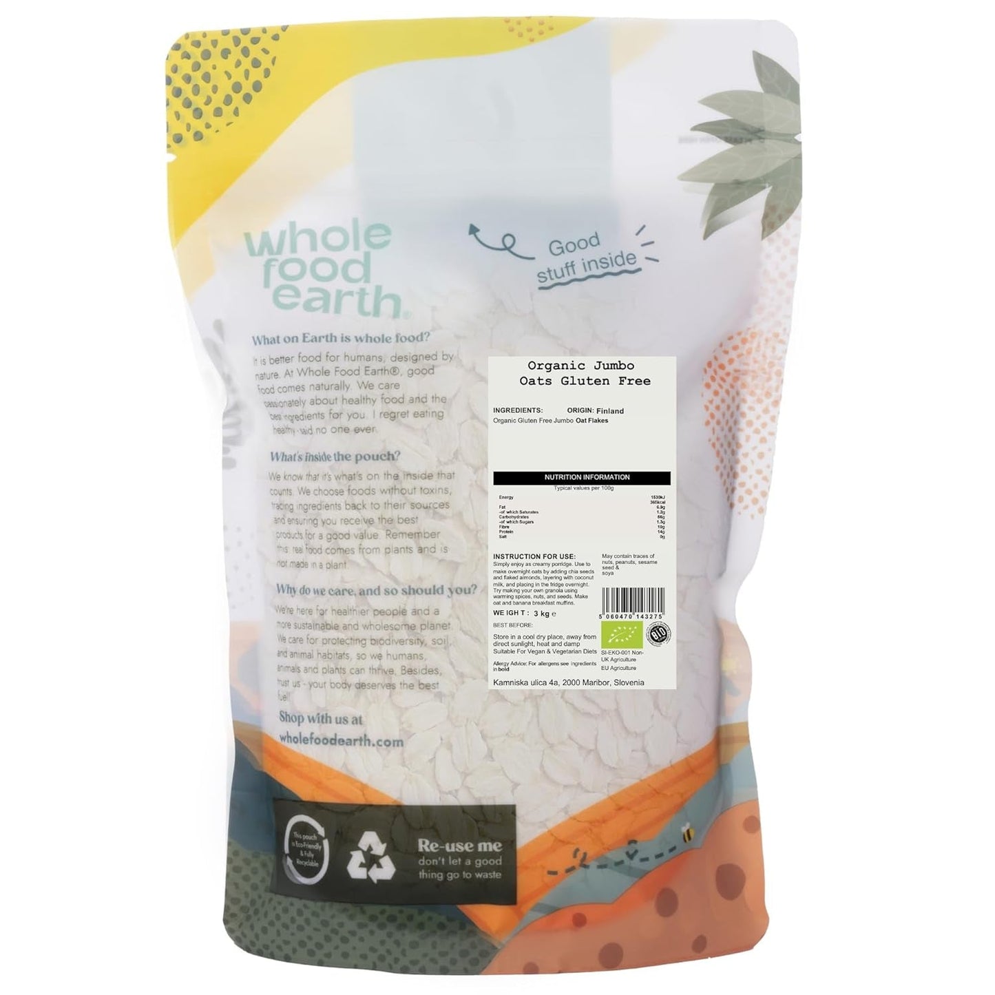 Wholefood Earth Biologische Jumbo Havermout, Glutenvrij – 3 kg | Niet-GMO | Veganistisch | Rijk aan vezels | Gecertificeerd biologisch