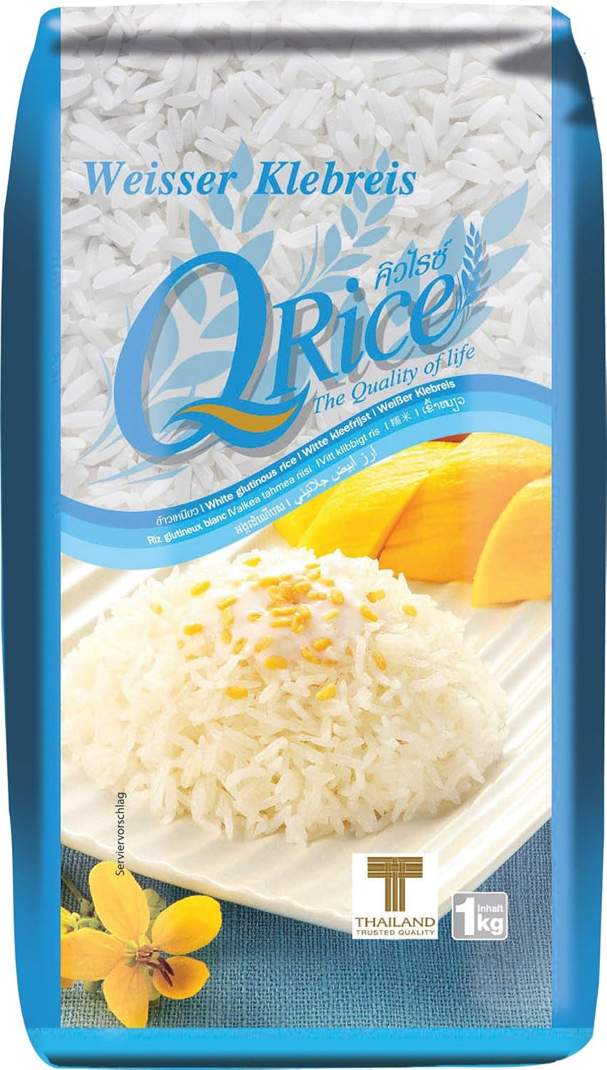 Q RIJST | Weißer Klebreis Langkorn uit Thailand | Aromatisch met klebrigertextuur | Ideaal voor curry's, sushi, mochi of rijstpudding 1 x 1 kg