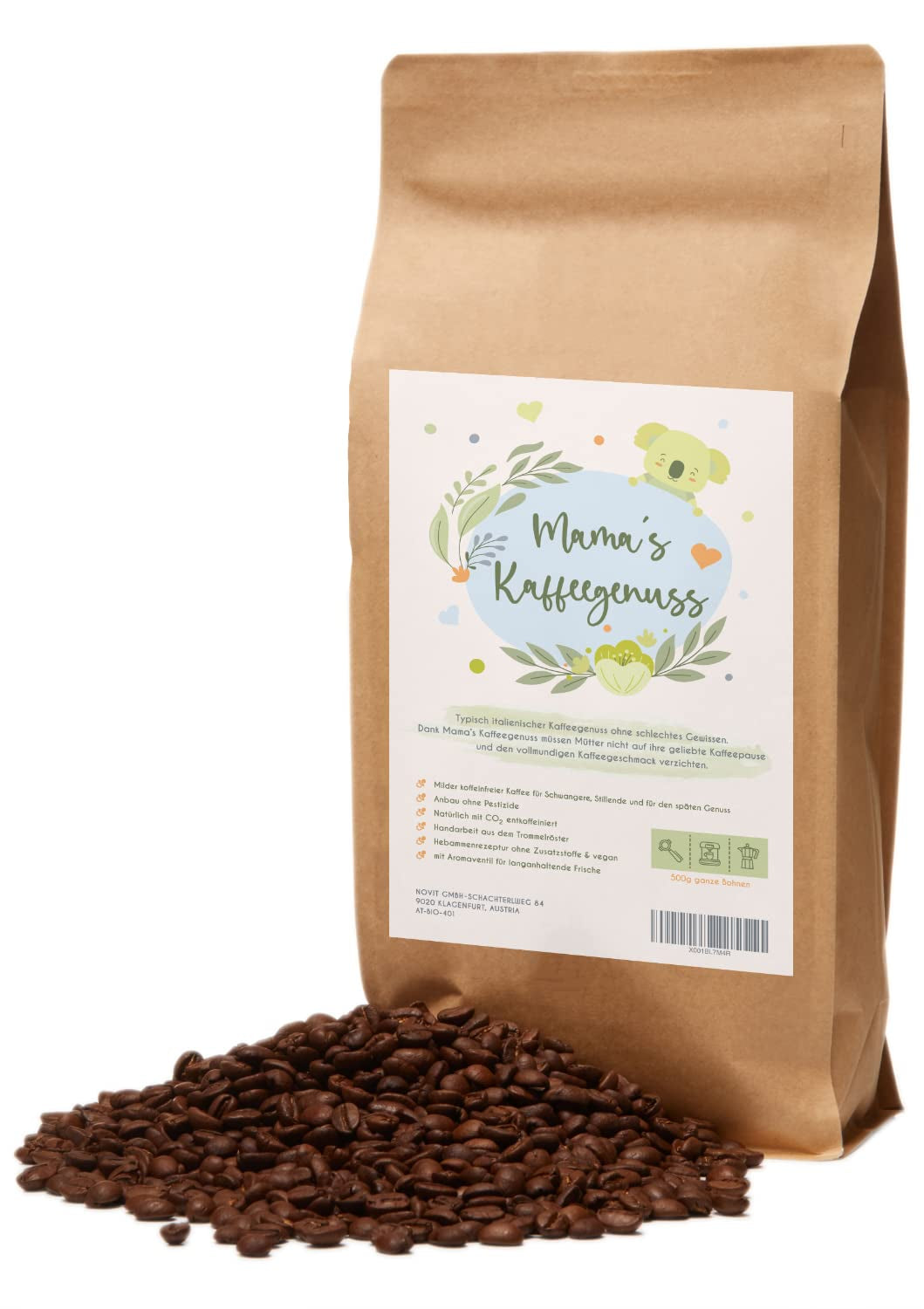 Mama's Coffee Pleasure®binky - Cremoso cafeïnevrije espressobonen - natuurlijke CO² cafeïnevrij maken - licht getrommeld in Italië - ideaal tijdens en na de zwangerschap