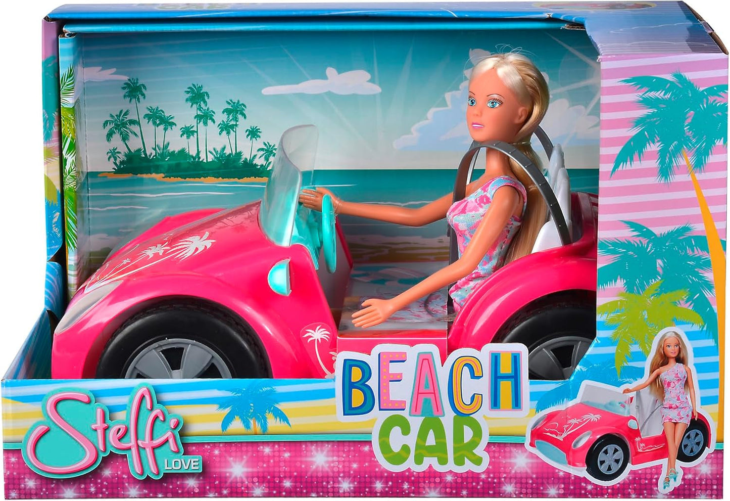 Simba Steffi Love strandautopop in coole zomeroutfit met strandwandelwagen, 29 cm, vanaf 3 jaar