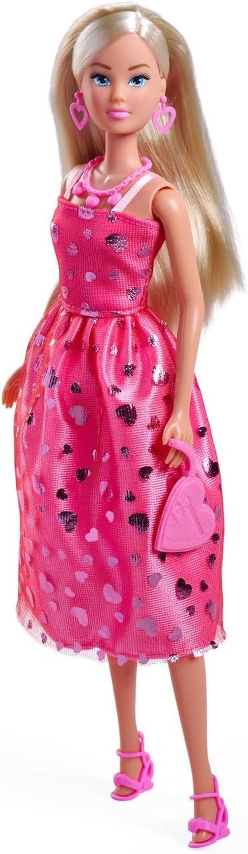 Simba Steffi Love Pink Love – Enkellaarsje in roze Glitzerkled, inkl. Zubehör in Herzform, 29 cm bruto, Modepuppe für creatieves Rollenspiel, voor Kinder ab 3 Jahren