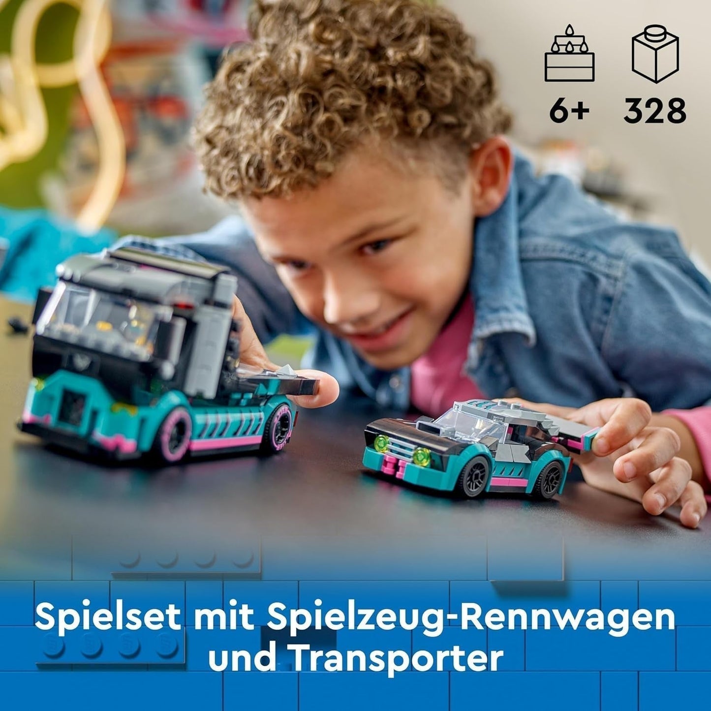 LEGO City Autotransporter met raceauto, speelgoedtruck met verstelbare laadklep en raceauto, bouwset met 2 minifiguren, coureur en vrachtwagenchauffeur, voor kinderen vanaf 6 jaar 60406 Bouwsets Besuche den LEGO-Store