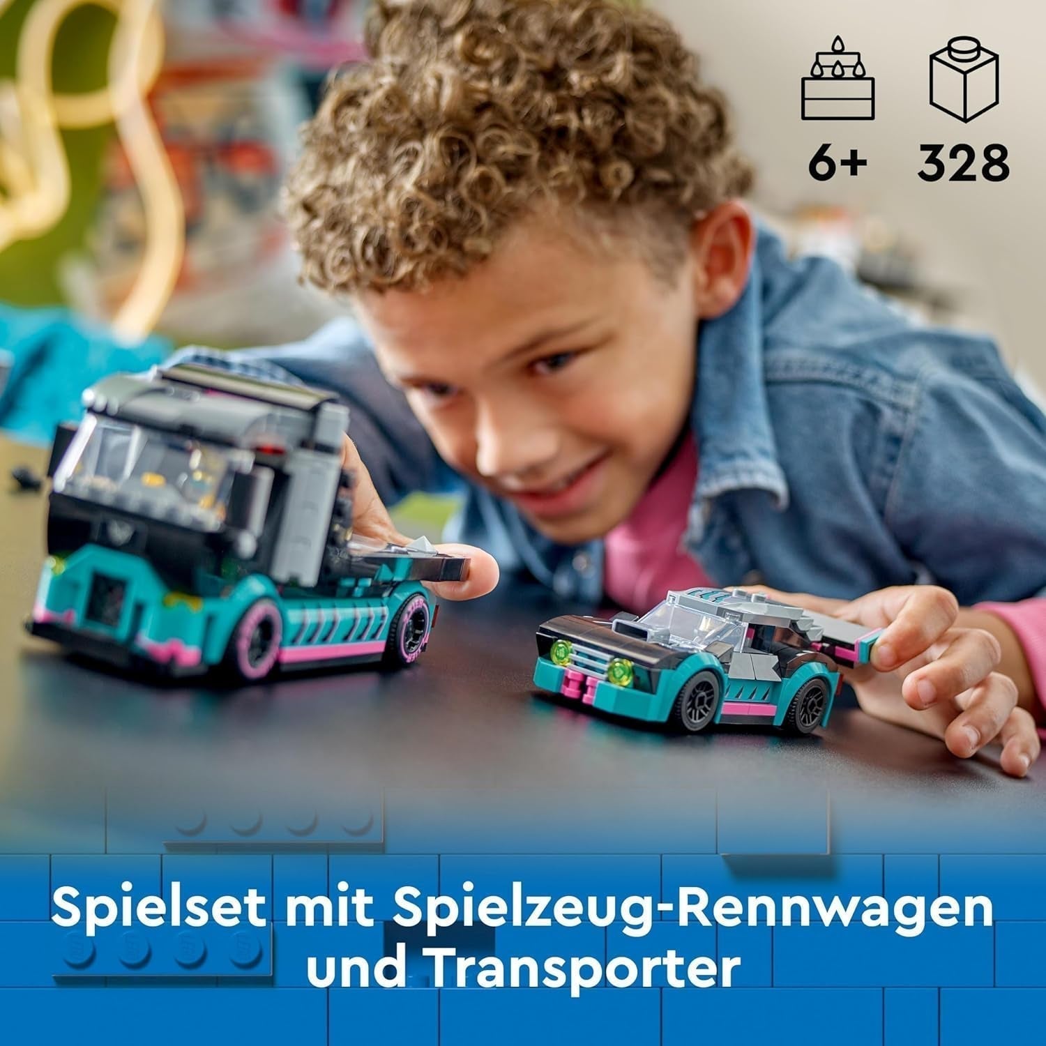 LEGO City Autotransporter met raceauto, speelgoedtruck met verstelbare laadklep en raceauto, bouwset met 2 minifiguren, coureur en vrachtwagenchauffeur, voor kinderen vanaf 6 jaar 60406 Bouwsets Besuche den LEGO-Store