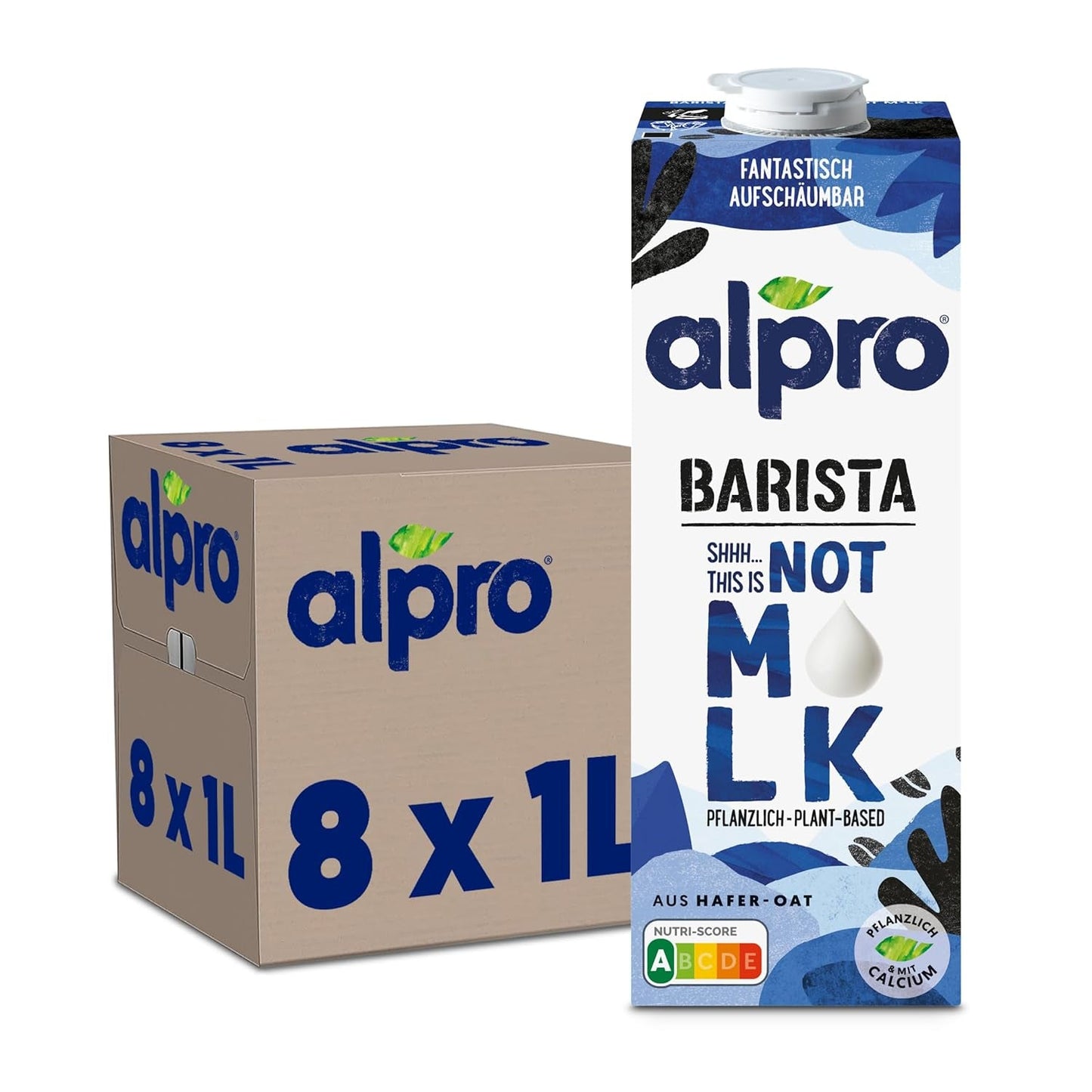 Alpro Barista Haferdrink – Zum Aufschäumen – Vegan en melkvrij – Van Natur aus lactosevrij – Rijk aan ballaststoffen, calcium en vitamines – 8 x 1 L – Haltbar
