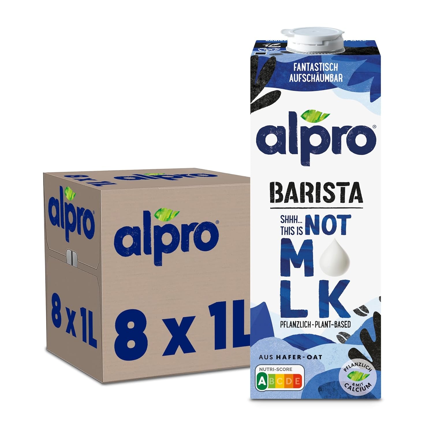 Alpro Barista Haferdrink – Zum Aufschäumen – Vegan en melkvrij – Van Natur aus lactosevrij – Rijk aan ballaststoffen, calcium en vitamines – 8 x 1 L – Haltbar