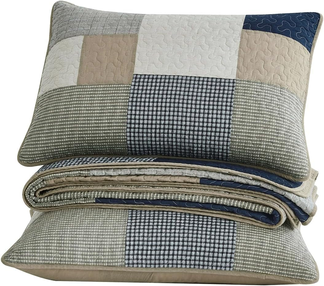 Chezmoi Collectie Addy Patchwork Quiltset Voorgewassen Katoen Lichtgewicht Omkeerbaar Alle seizoenen Oversized 3-delig Marine Wit Grijs Taupe Geruite Quilts & Quilts Naty Shop