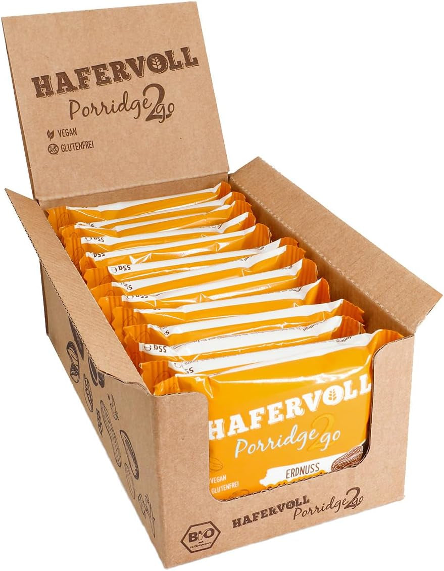 Hafervoll Porridge2go Pindakaas en noten, 13 repen x 55g - Veganistisch, biologisch, glutenvrij, geen toegevoegde suikersnack, met haver, dadels en quinoa-snoepjes