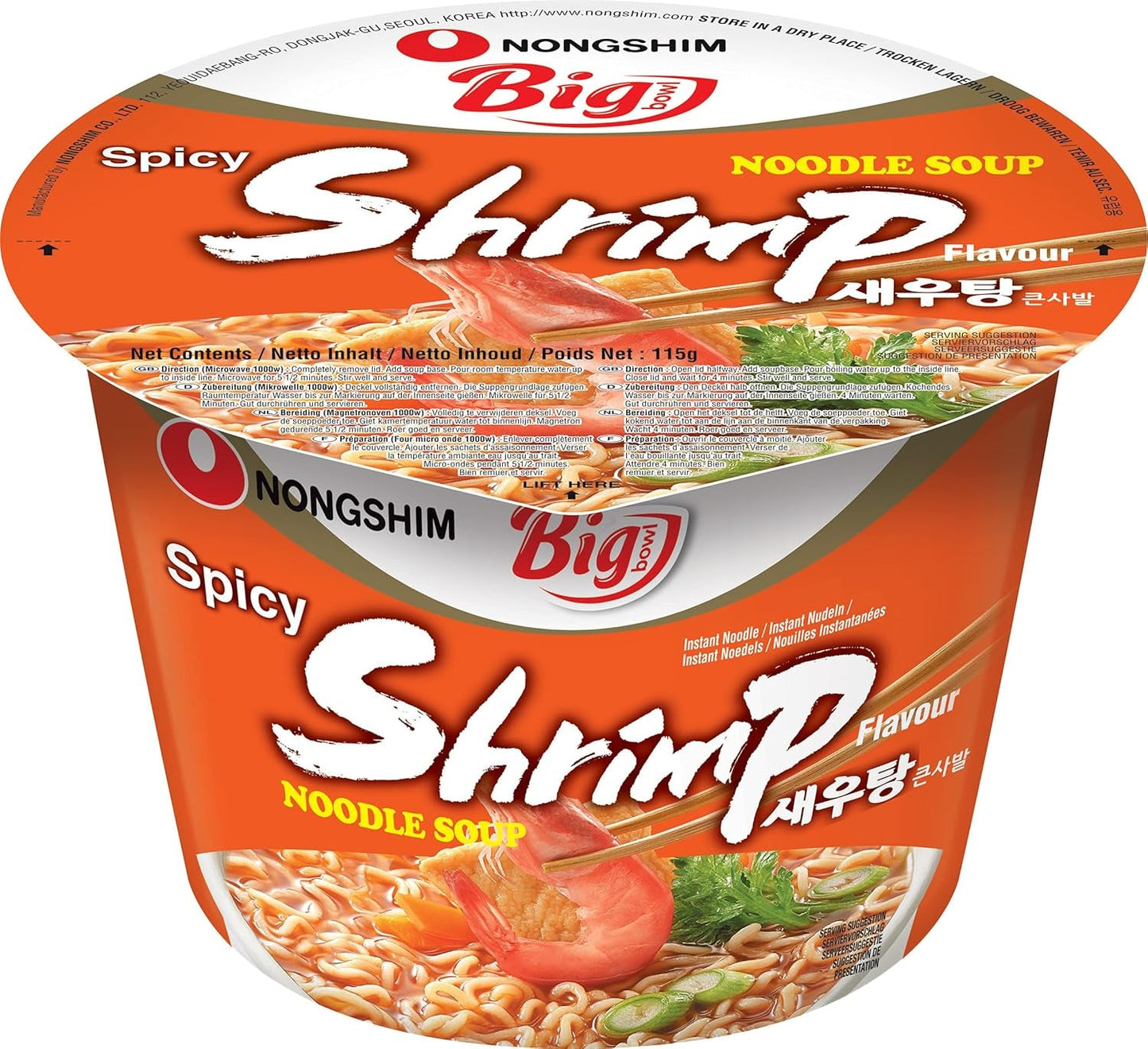 Nong Shim Instantnoedels met Garnalen, Grote Kom - Koreaanse Ramensoep - Snelle bereiding - 115 g (1 pak)