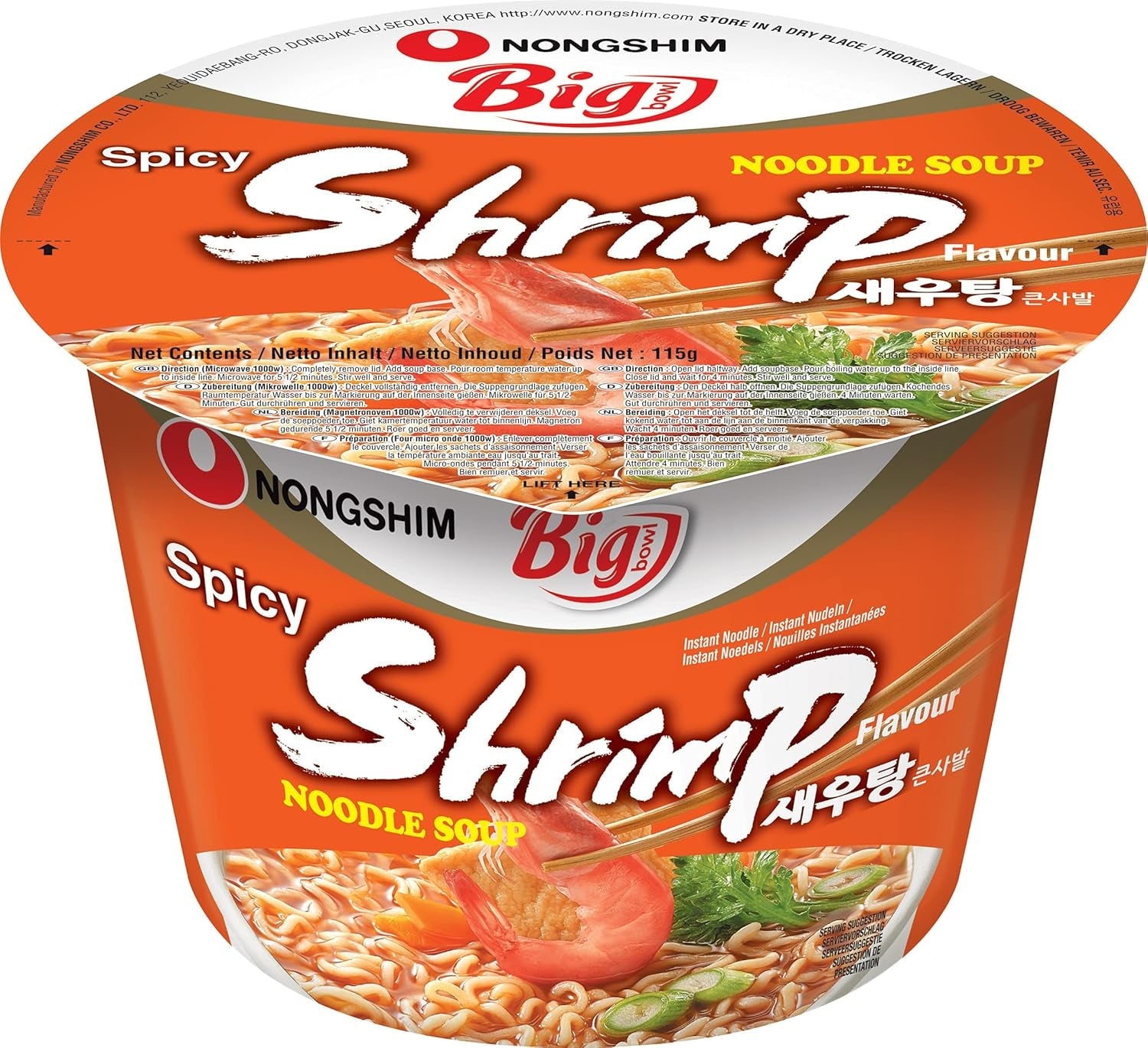 Nong Shim Instantnoedels met Garnalen, Grote Kom - Koreaanse Ramensoep - Snelle bereiding - 115 g (1 pak)
