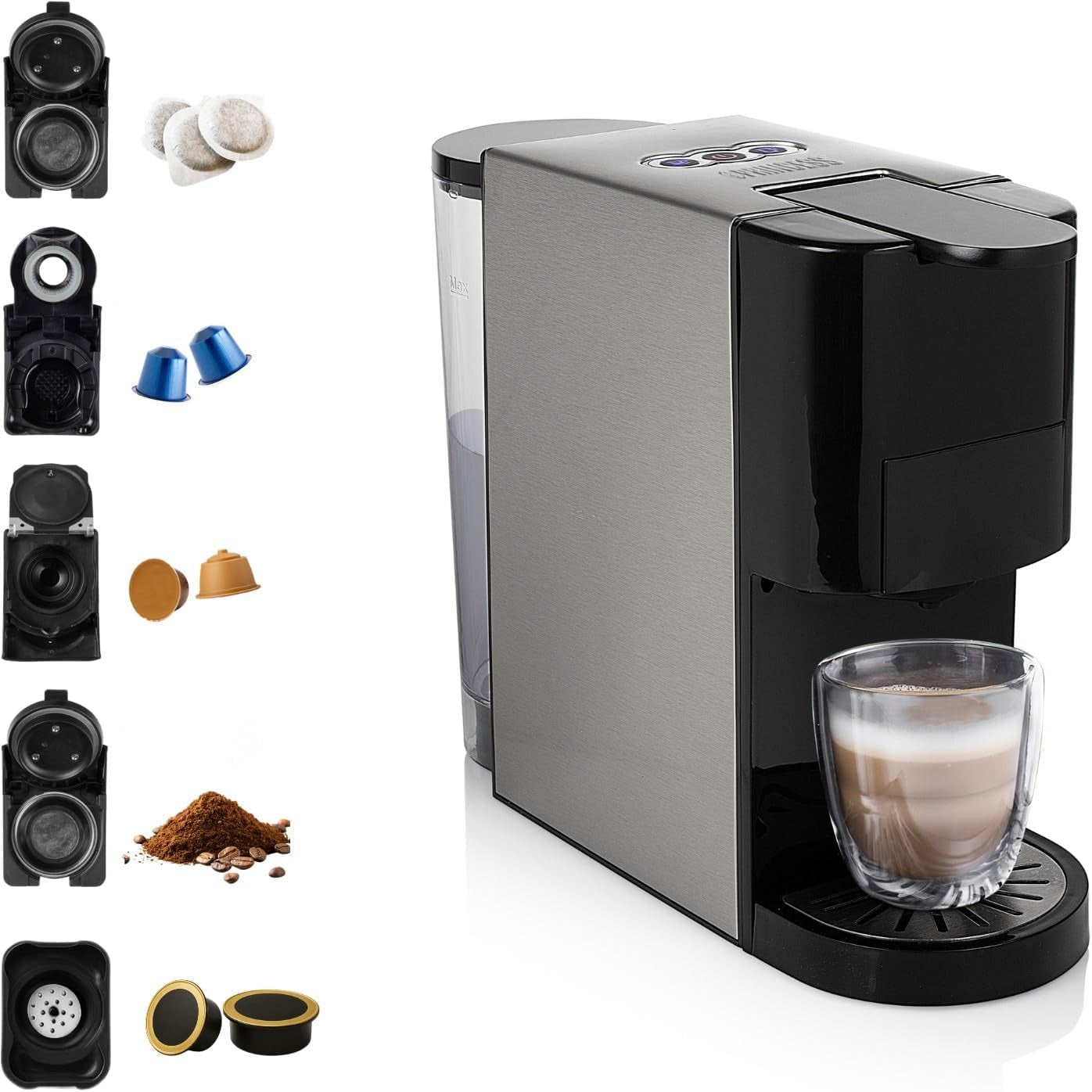 Princess 5-in-1 espressomachine met meerdere capsules - Compatibel met Nespresso, Dolce Gusto, Lavazza a Modo Mio en ESE Pads, 0,8 l capaciteit, 1450 W, zilver, zwart