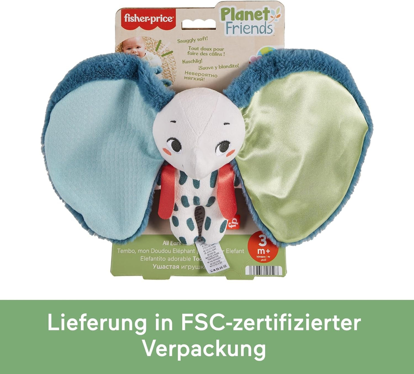 Fisher-Price Reuzeoorolifant - Schattig zacht knuffeldier met extra grote oren, gemaakt van 90% gerecycled plastic en FSC-gecertificeerde verpakking, voor baby's vanaf 3 maanden, HKD63 Bebe Toys Naty Shop