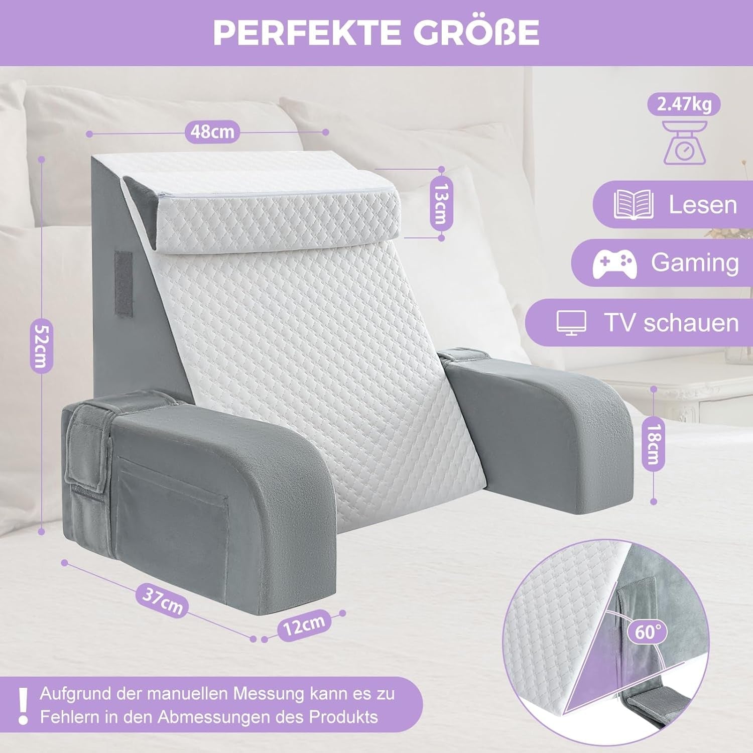 Groot leeskussen met handgreep, schuim met hoge dichtheid, ergonomisch rugkussen, armleuningen, neksteun en hoofdsteun, verstelbaar zitkussen om te slapen, spelen, tv kijken, voor bed en bank
