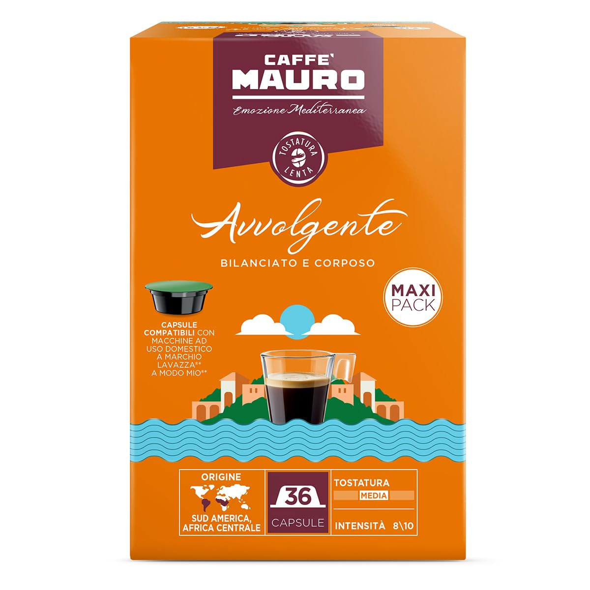 Caffè Mauro Torrefazione Kaffeekapseln Espresso Avvolgente, Intensität 8/10-144 Kapseln Compatibel met Kaffeemaschinen der Marke Lavazza* A Modo Mio*, 144 Stück, Hergestellt in Italien
